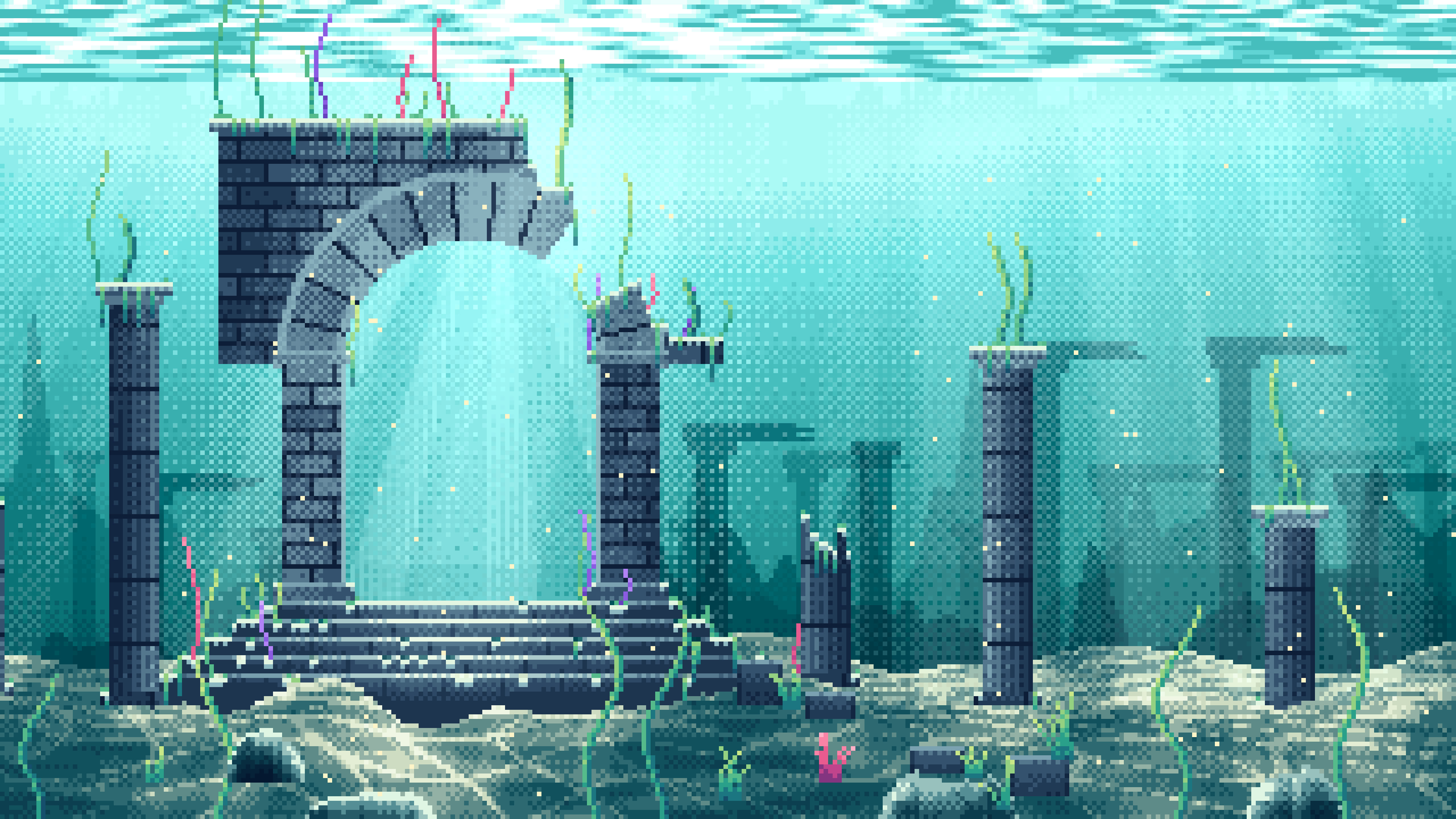 Teal Pixel Art Underwater Ruins desktop wallpaper in 4K