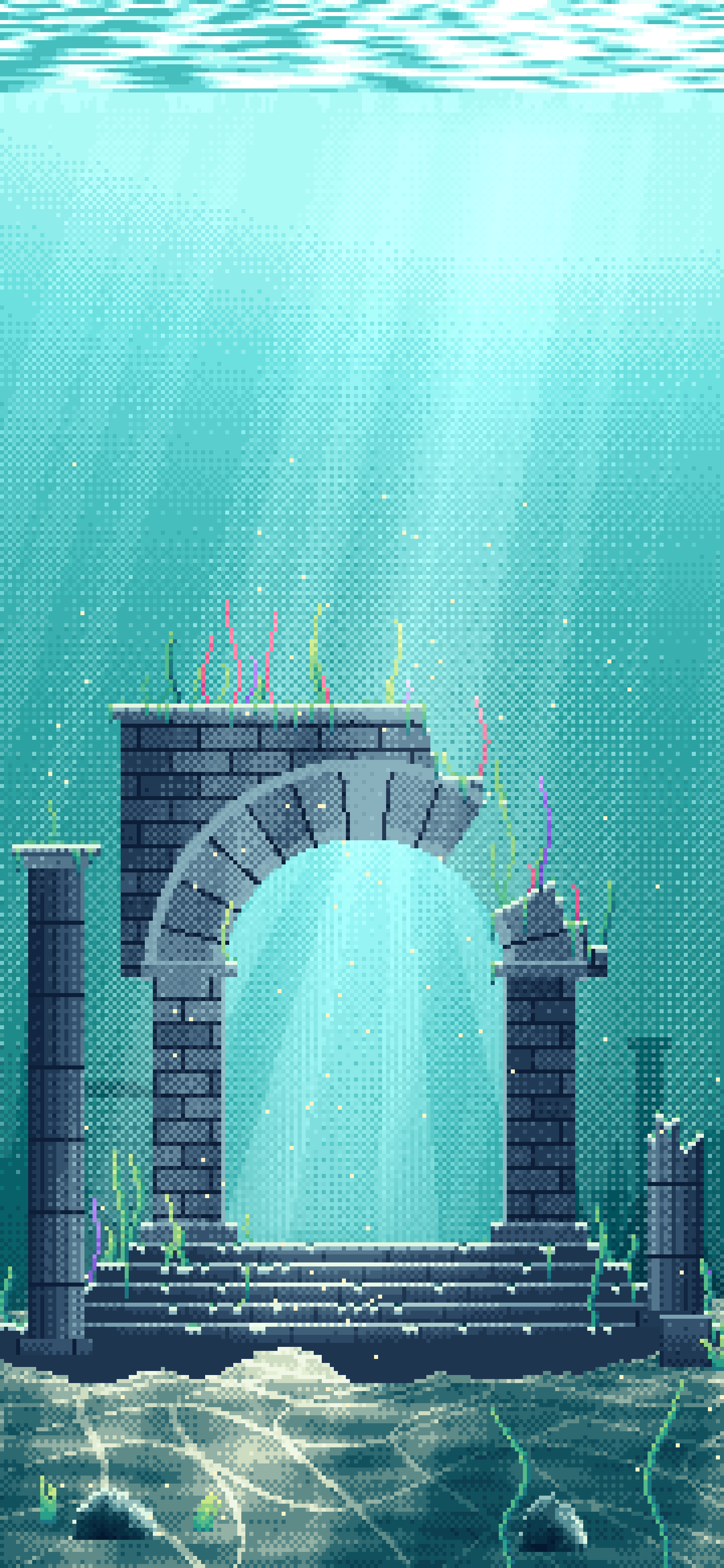 Teal Pixel Art Underwater Ruins wallpaper for iPhone and Android