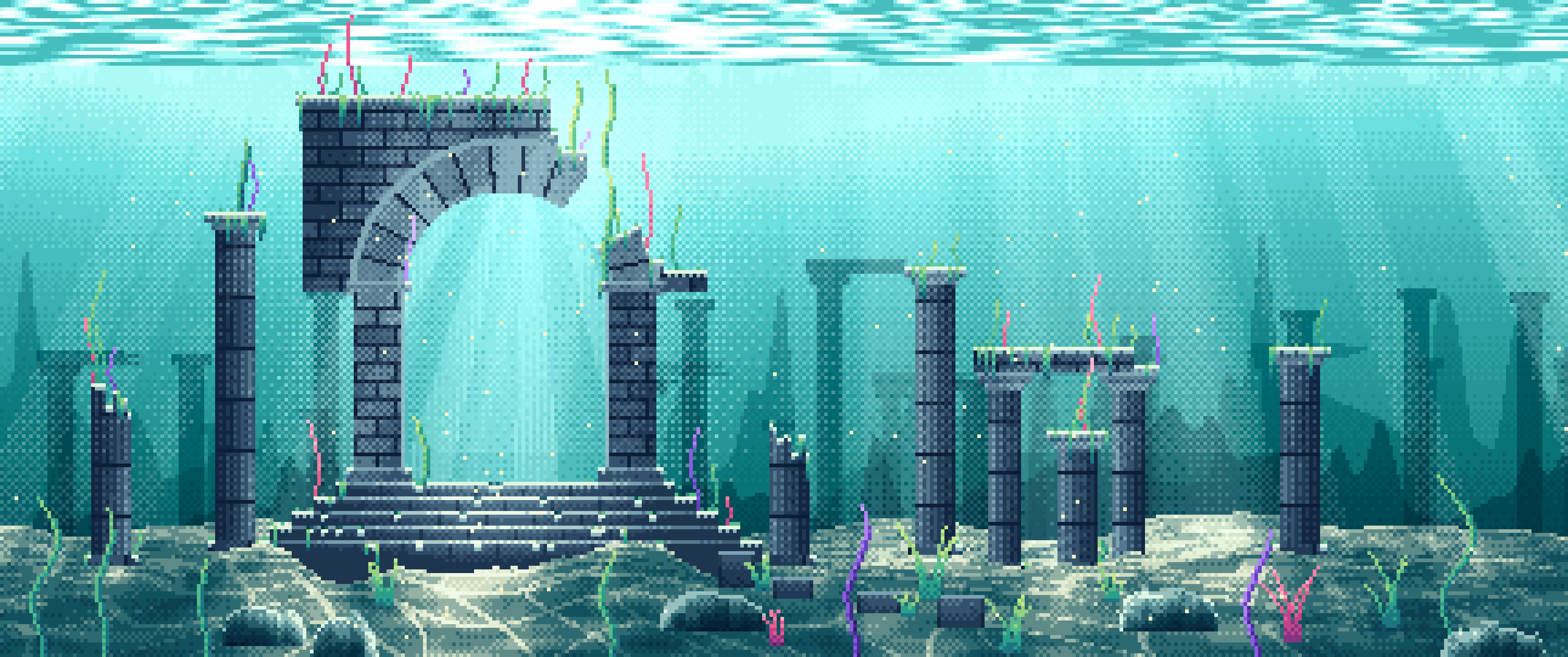 Teal Pixel Art Underwater Ruins ultrawide wallpaper, 3440 × 1440