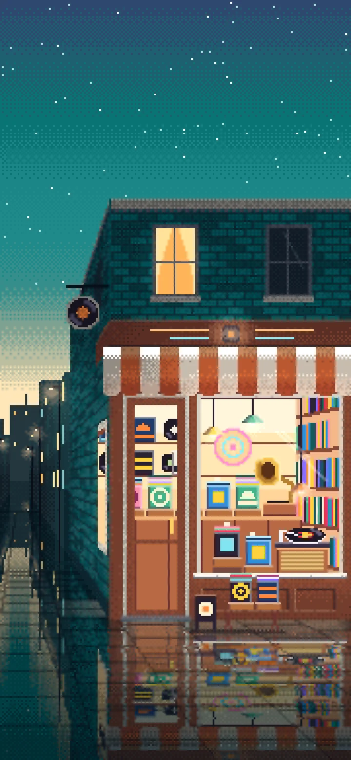 Teal Pixel Art Vinyl Record Store wallpaper for iPhone and Android