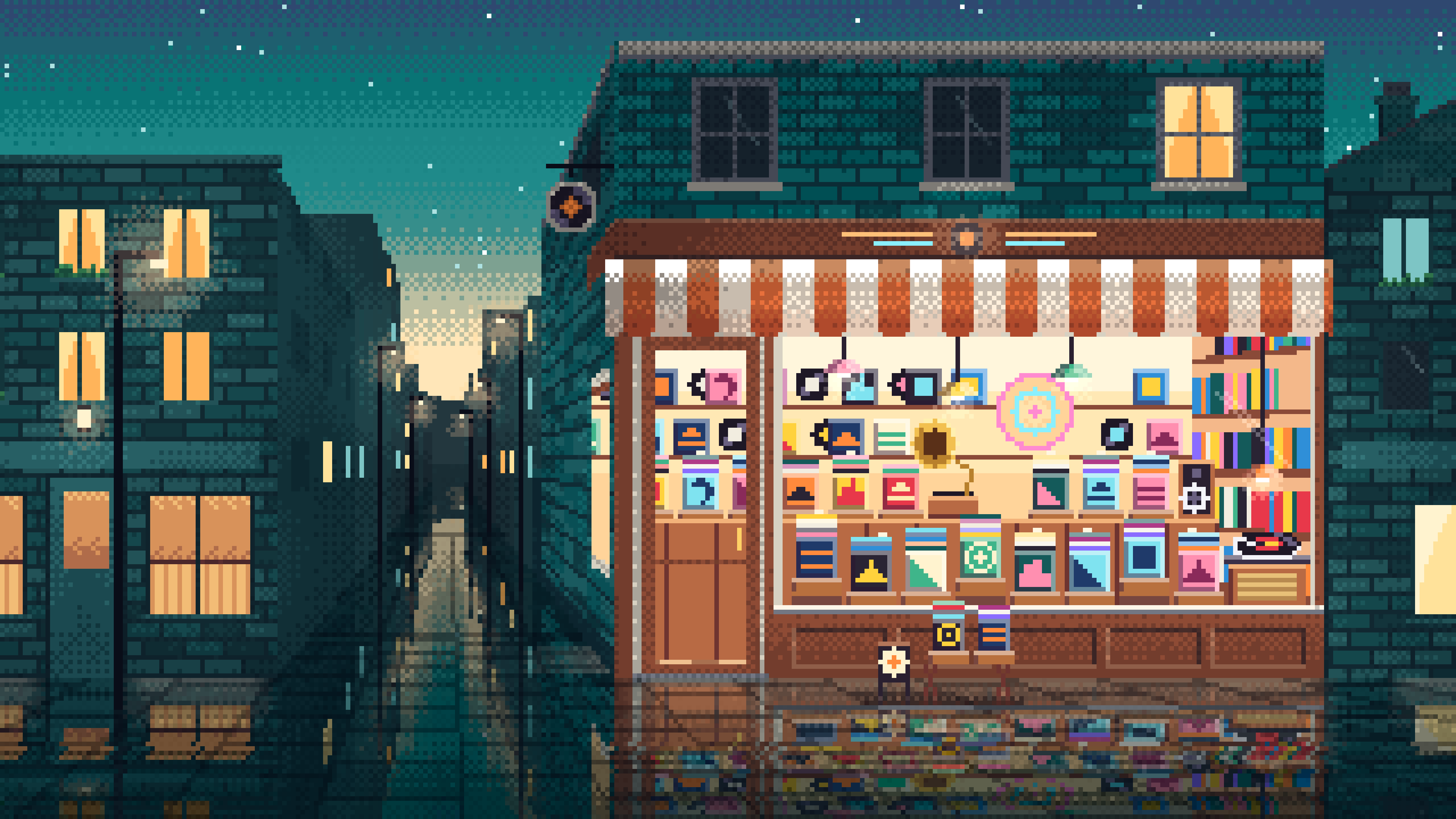 Teal Pixel Art Vinyl Record Store desktop wallpaper in 4K