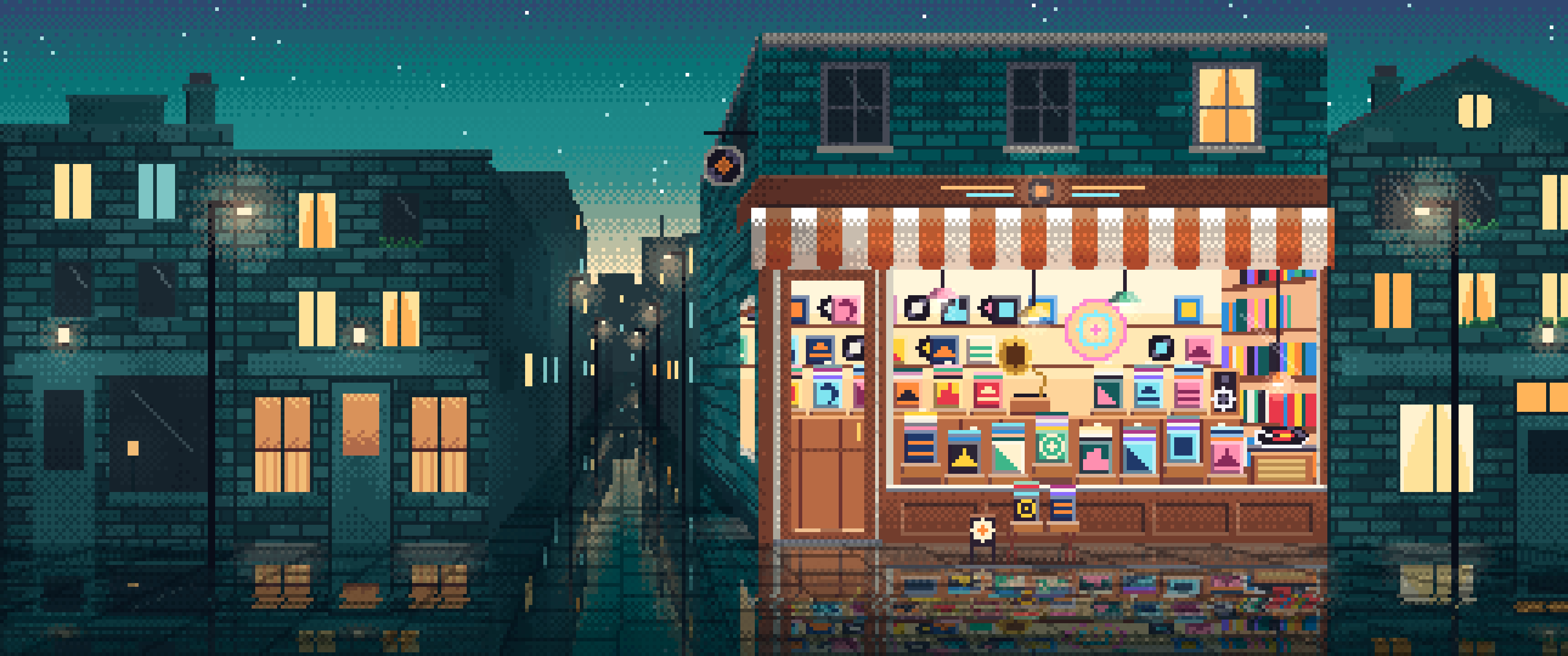 Teal Pixel Art Vinyl Record Store ultrawide wallpaper, 3440 × 1440