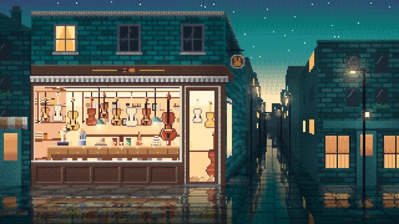 Teal Pixel Art Violin Workshop desktop wallpaper in 4K