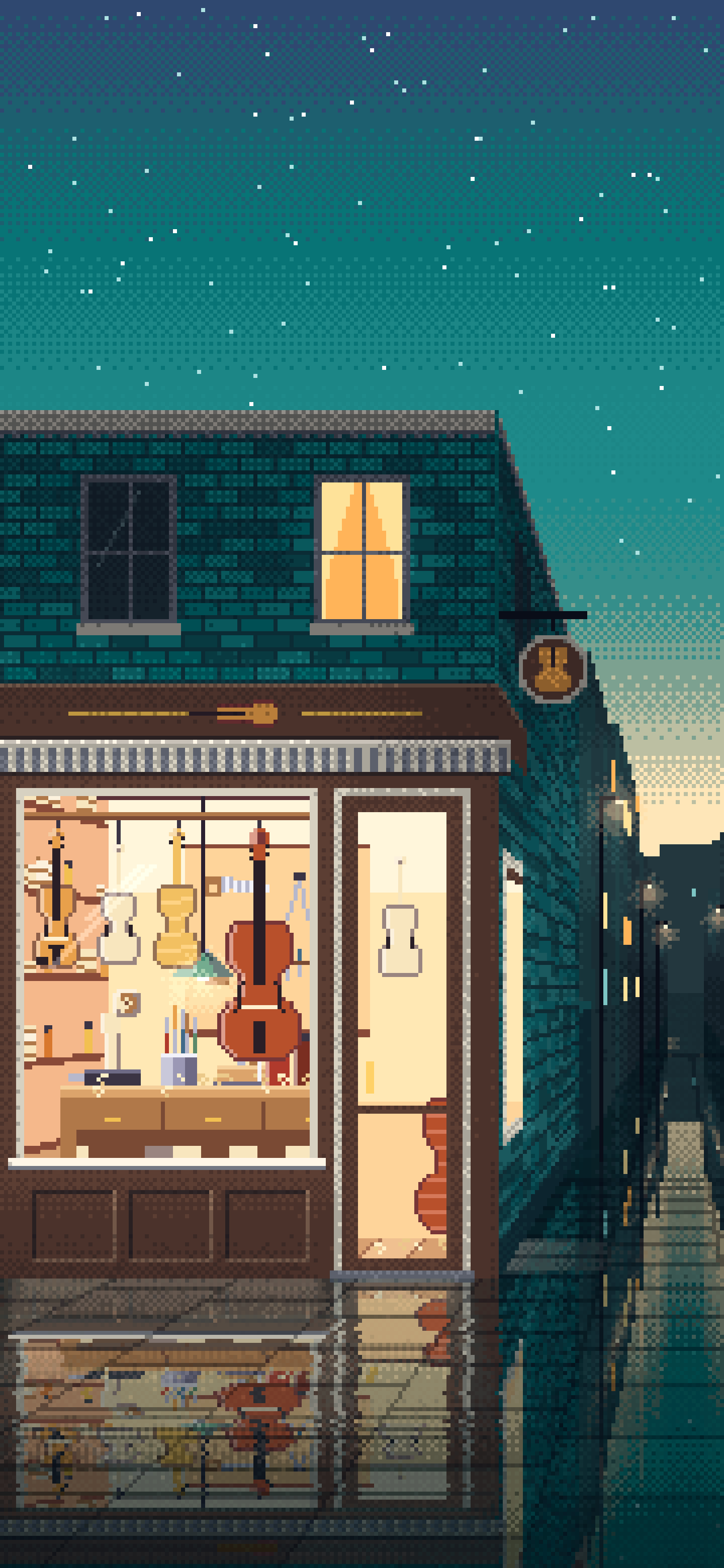 Teal Pixel Art Violin Workshop wallpaper for iPhone and Android
