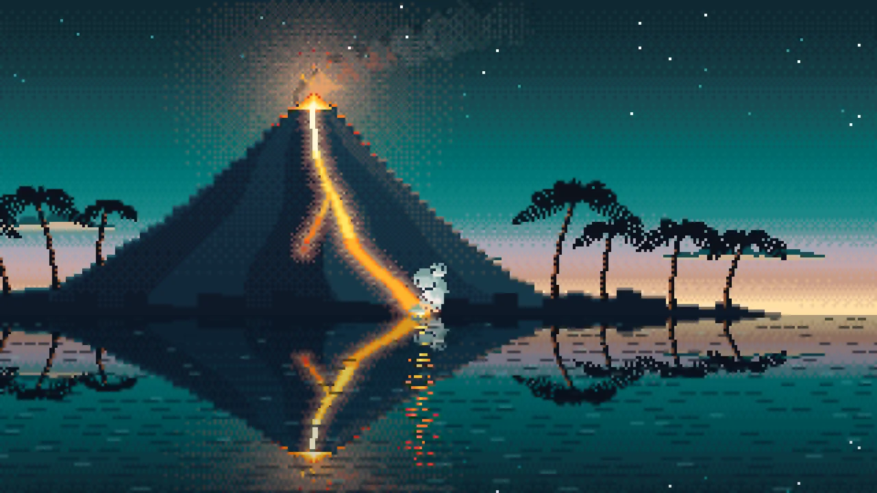 Teal Pixel Art Volcano Island at Dusk desktop wallpaper in 4K