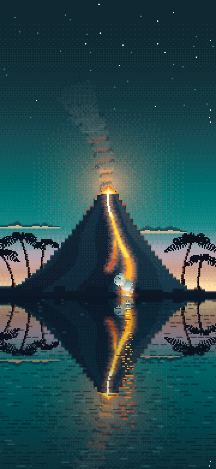 Teal Pixel Art Volcano Island at Dusk wallpaper for iPhone and Android