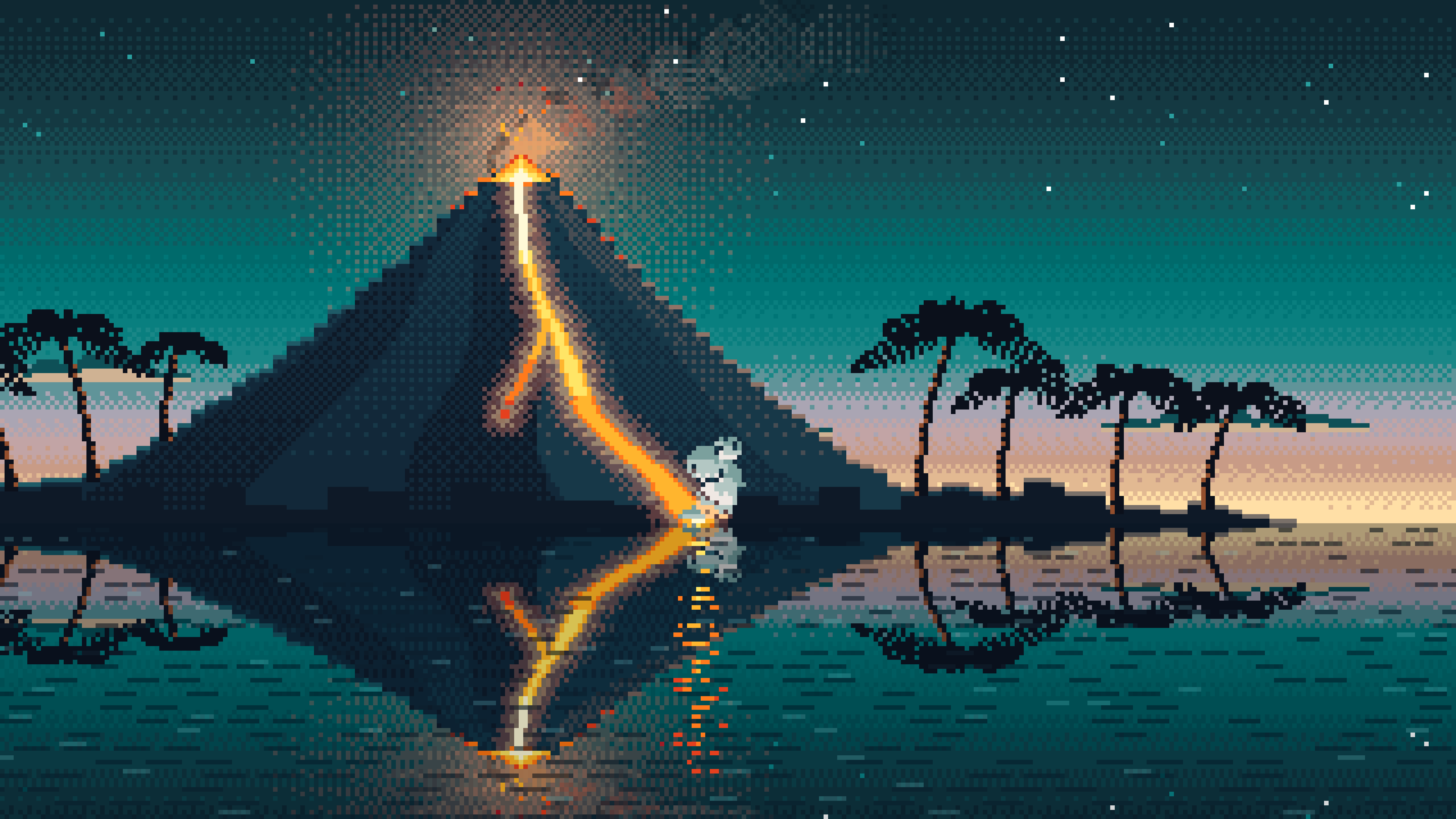 Teal Pixel Art Volcano Island at Dusk desktop wallpaper in 4K