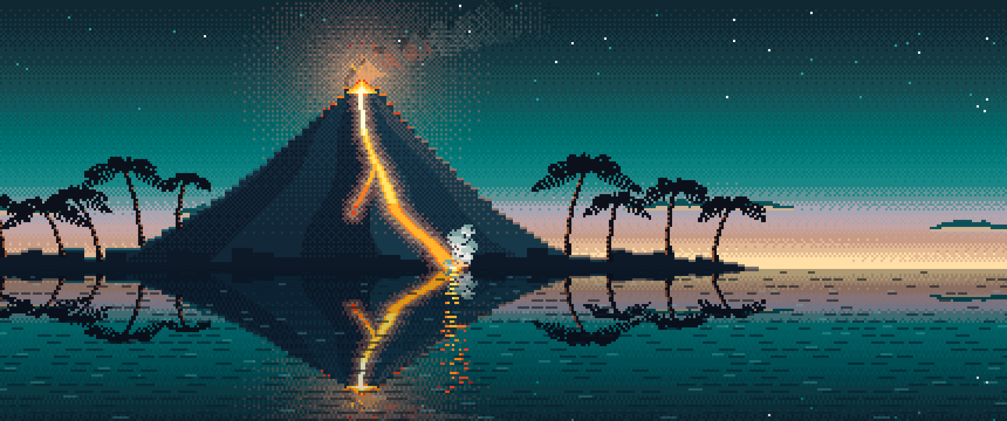 Teal Pixel Art Volcano Island at Dusk ultrawide wallpaper, 3440 × 1440
