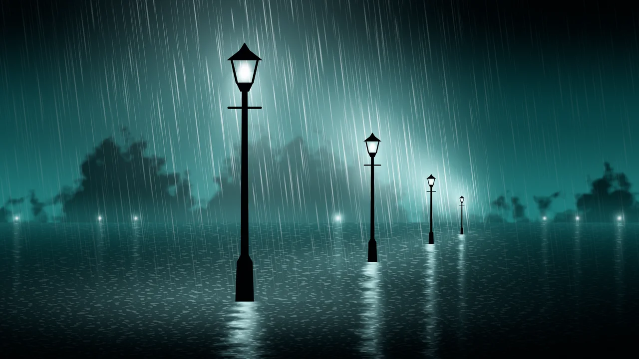 Teal Rainy Street Lamp desktop wallpaper in 4K