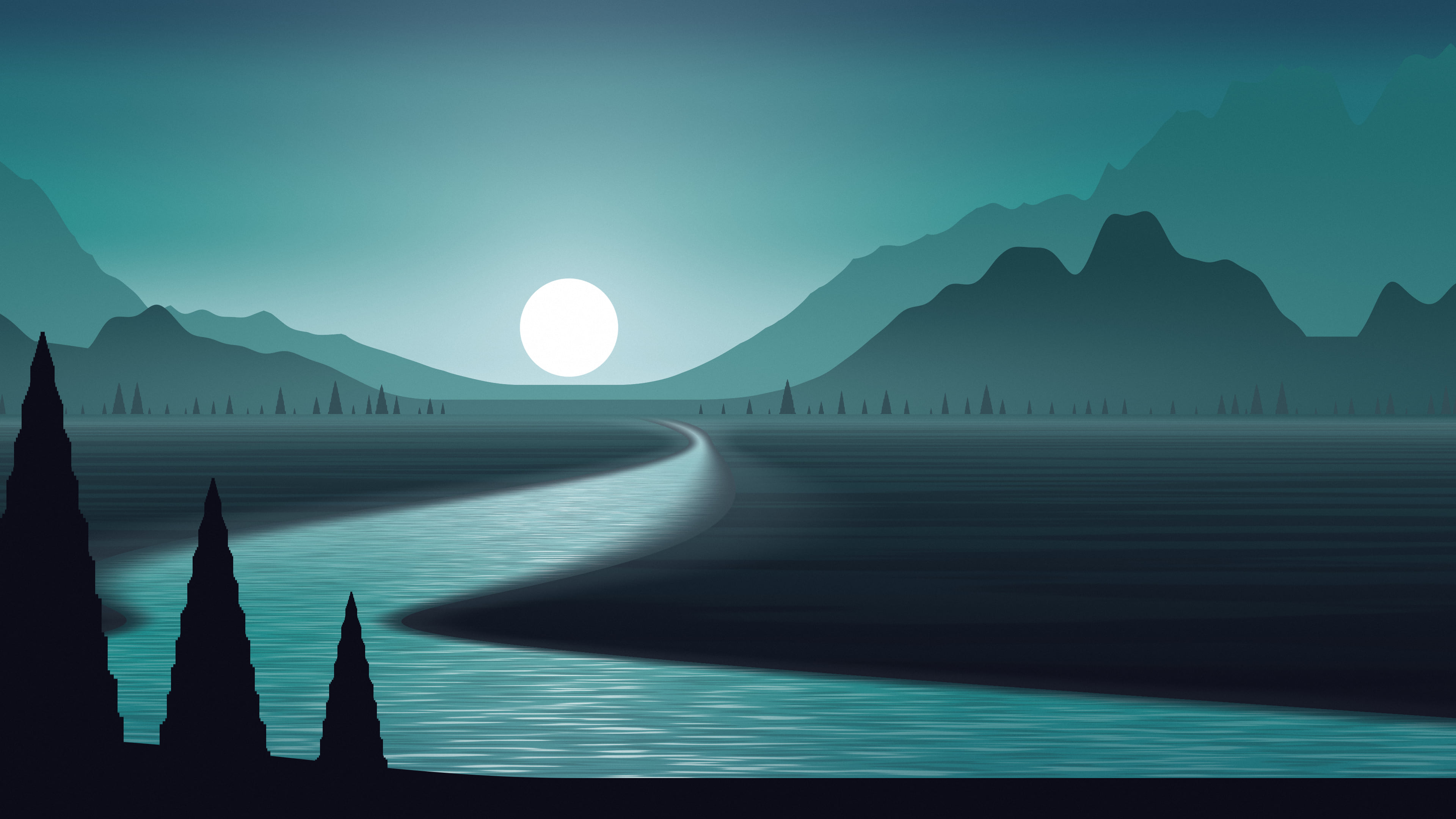 Teal River Valley in Moonlight desktop wallpaper in 4K