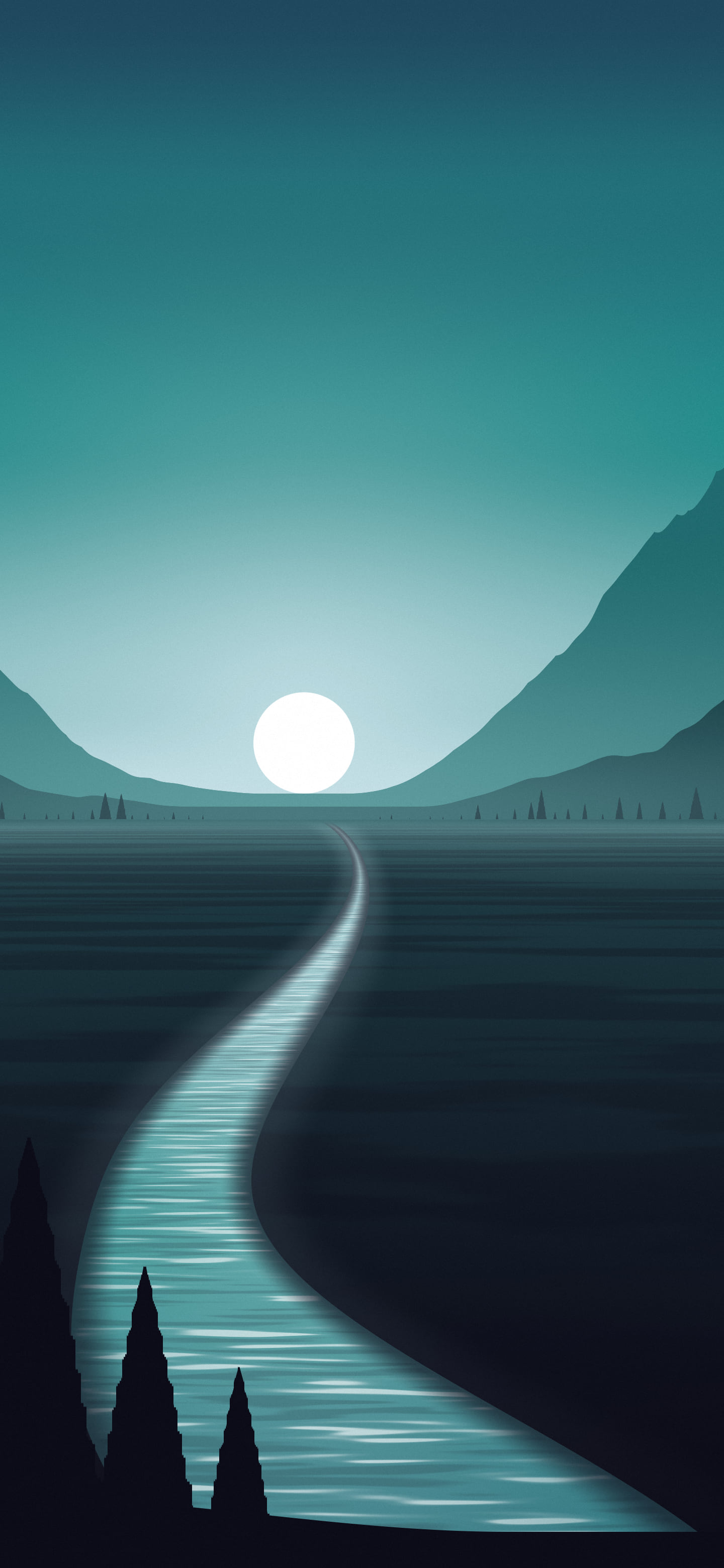Teal River Valley in Moonlight wallpaper for iPhone and Android