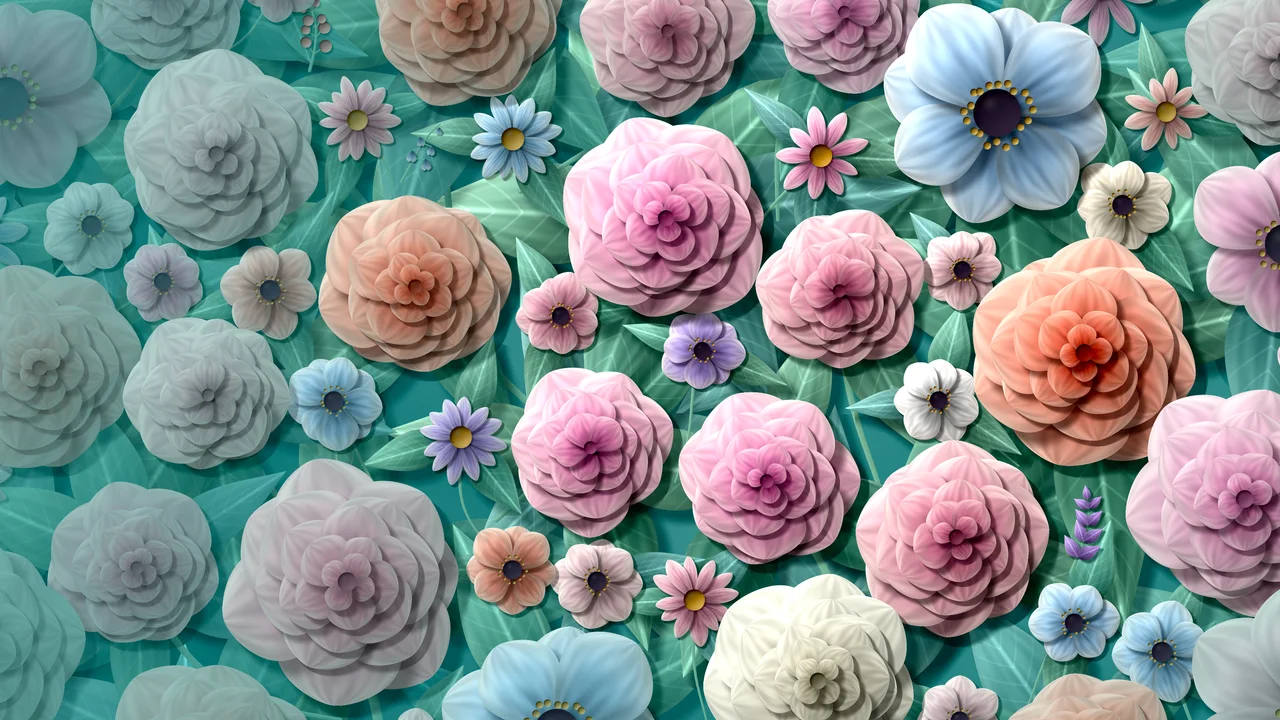 Teal Rose and Peony Floral Pattern desktop wallpaper in 4K