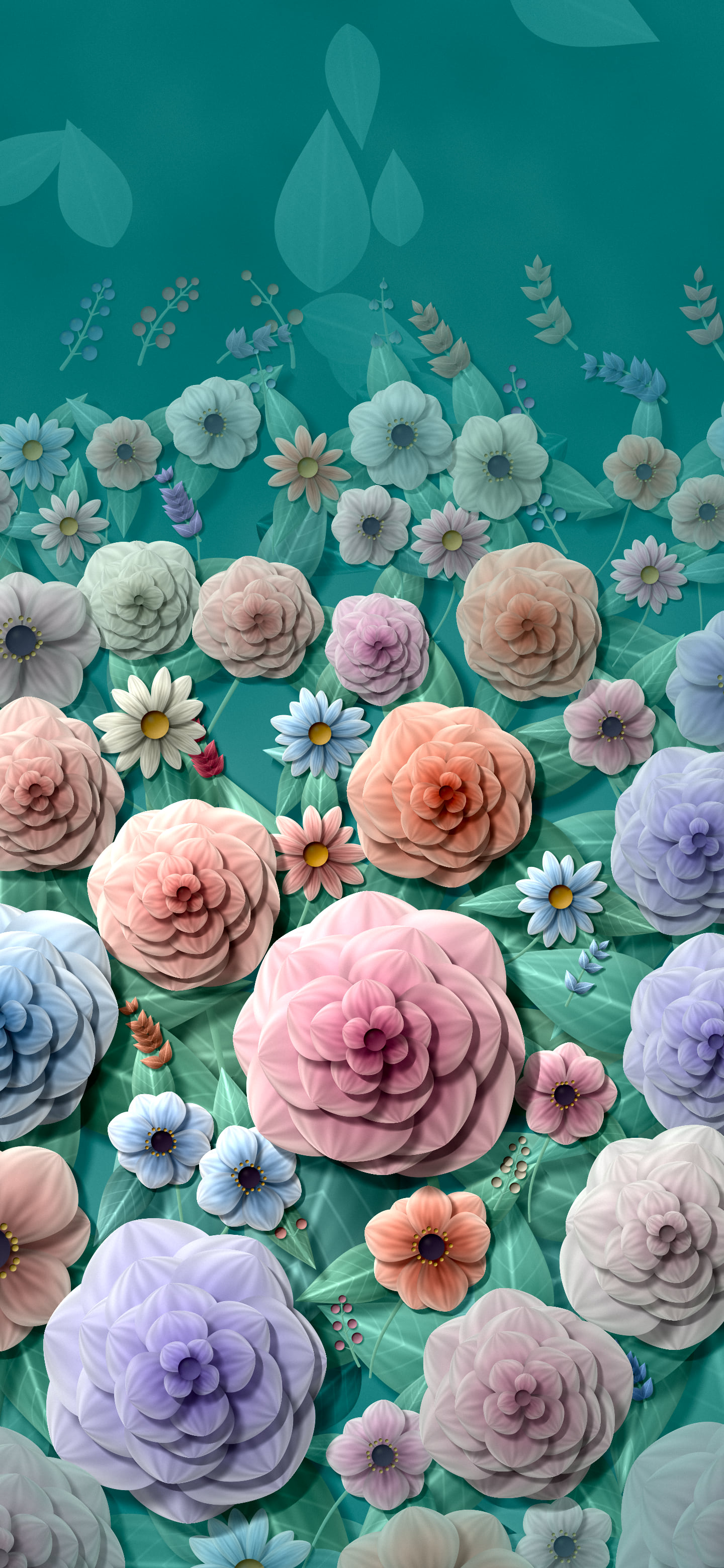Teal Rose and Peony Floral Pattern wallpaper for iPhone and Android