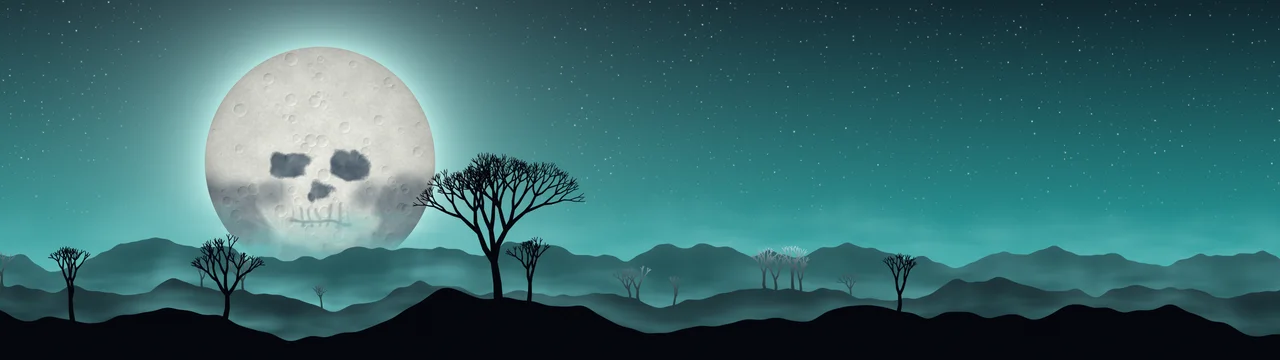 Teal Skull Moon dual monitor wallpaper, 7680 × 2160