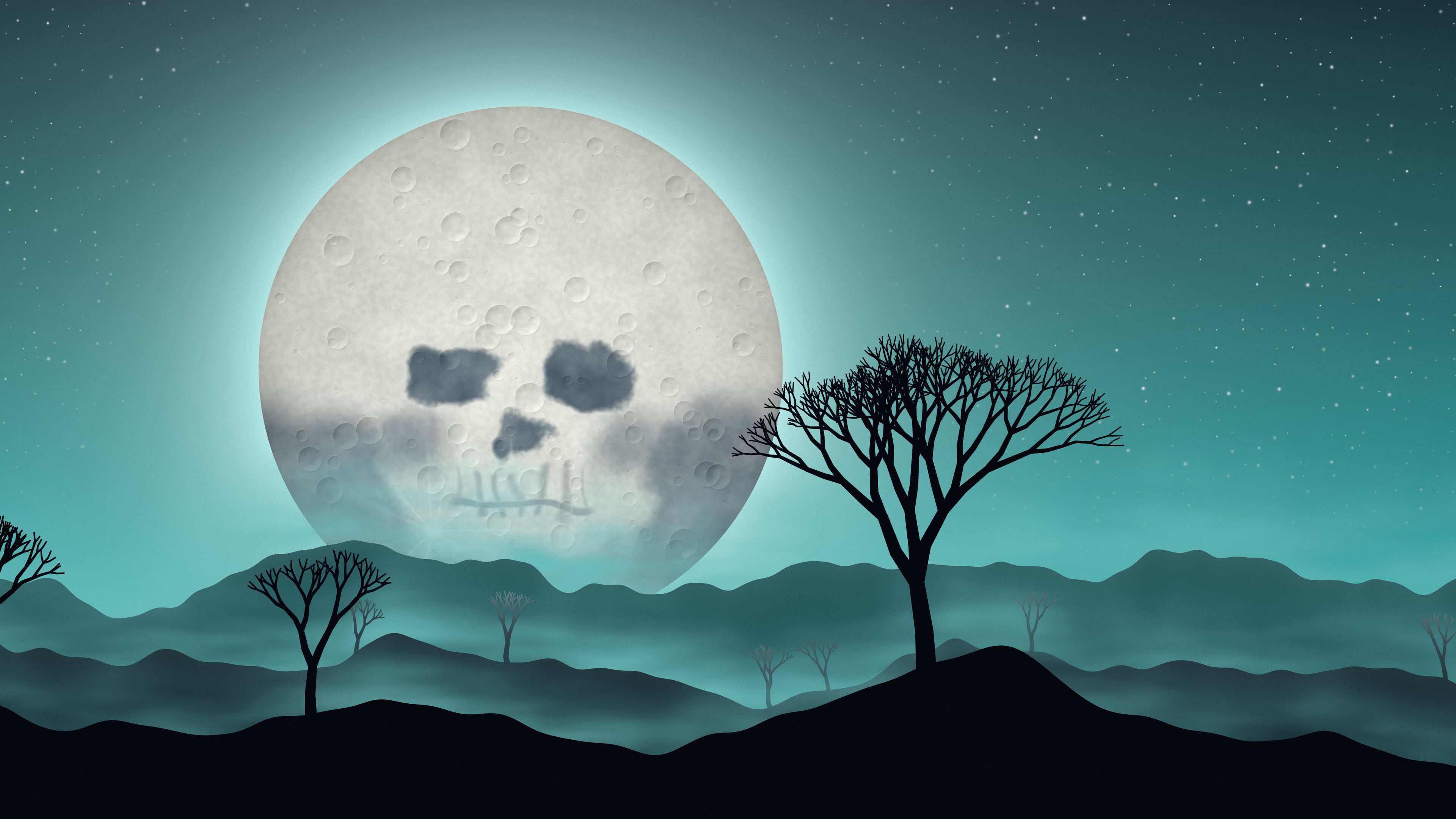 Teal Skull Moon desktop wallpaper in 4K