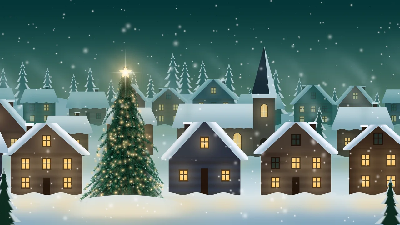 Teal Snowy Christmas Village desktop wallpaper in 4K