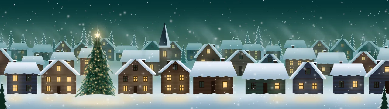 Teal Snowy Christmas Village dual monitor wallpaper, 7680 × 2160