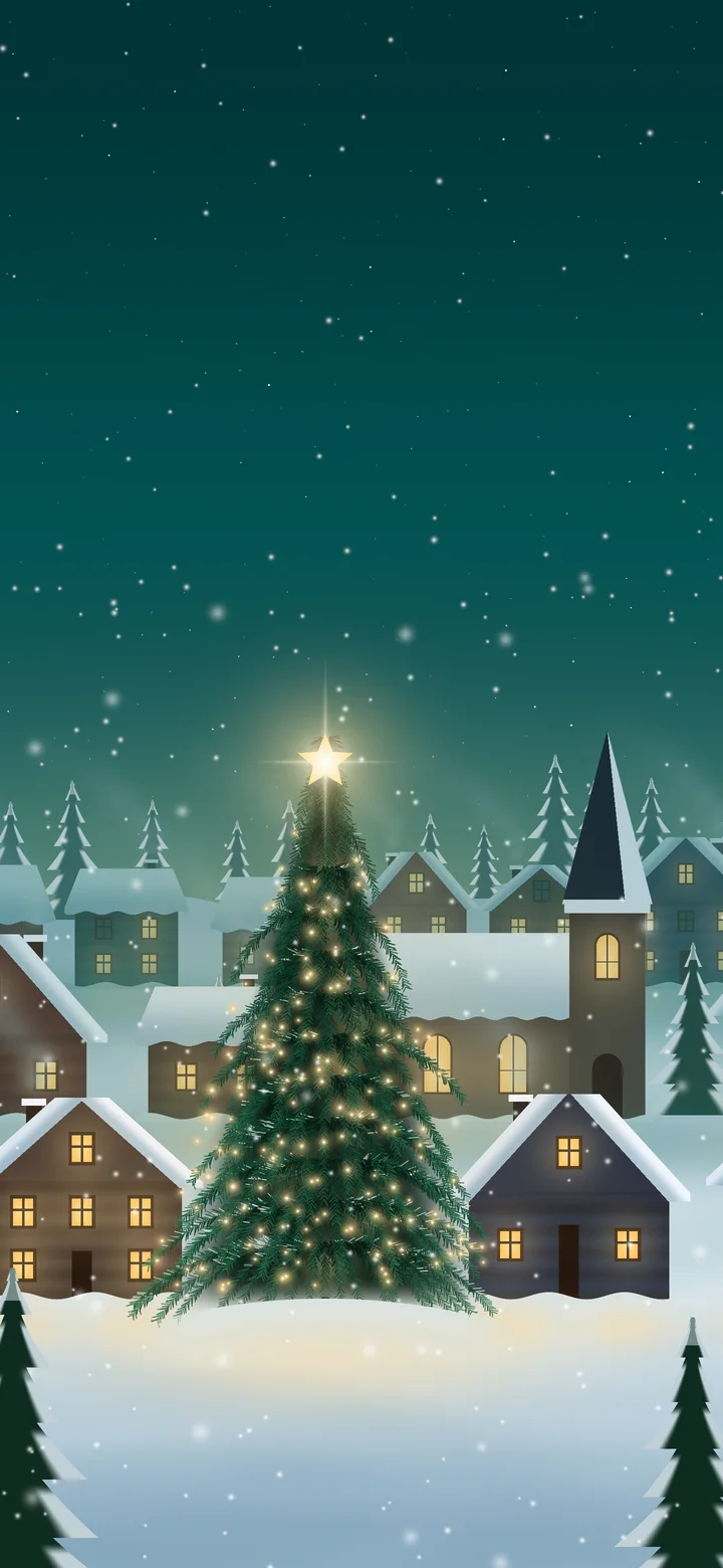 Teal Snowy Christmas Village wallpaper for iPhone and Android