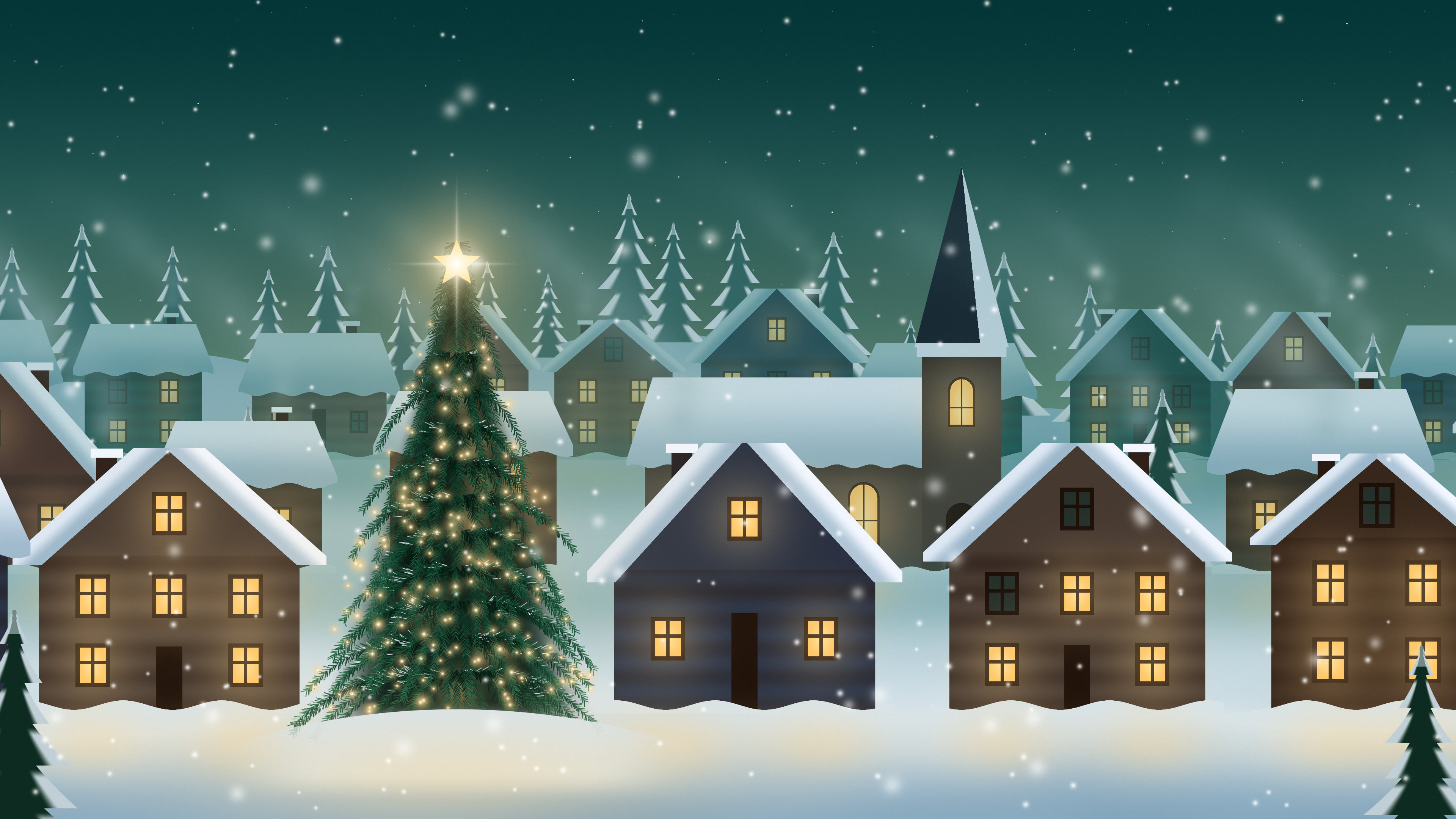 Teal Snowy Christmas Village desktop wallpaper in 4K
