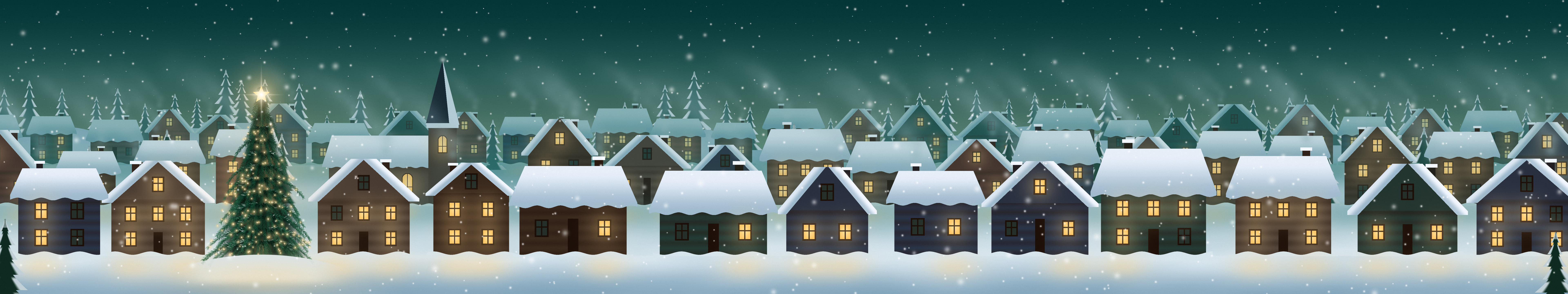 Teal Snowy Christmas Village triple monitor wallpaper, 7680 × 1440