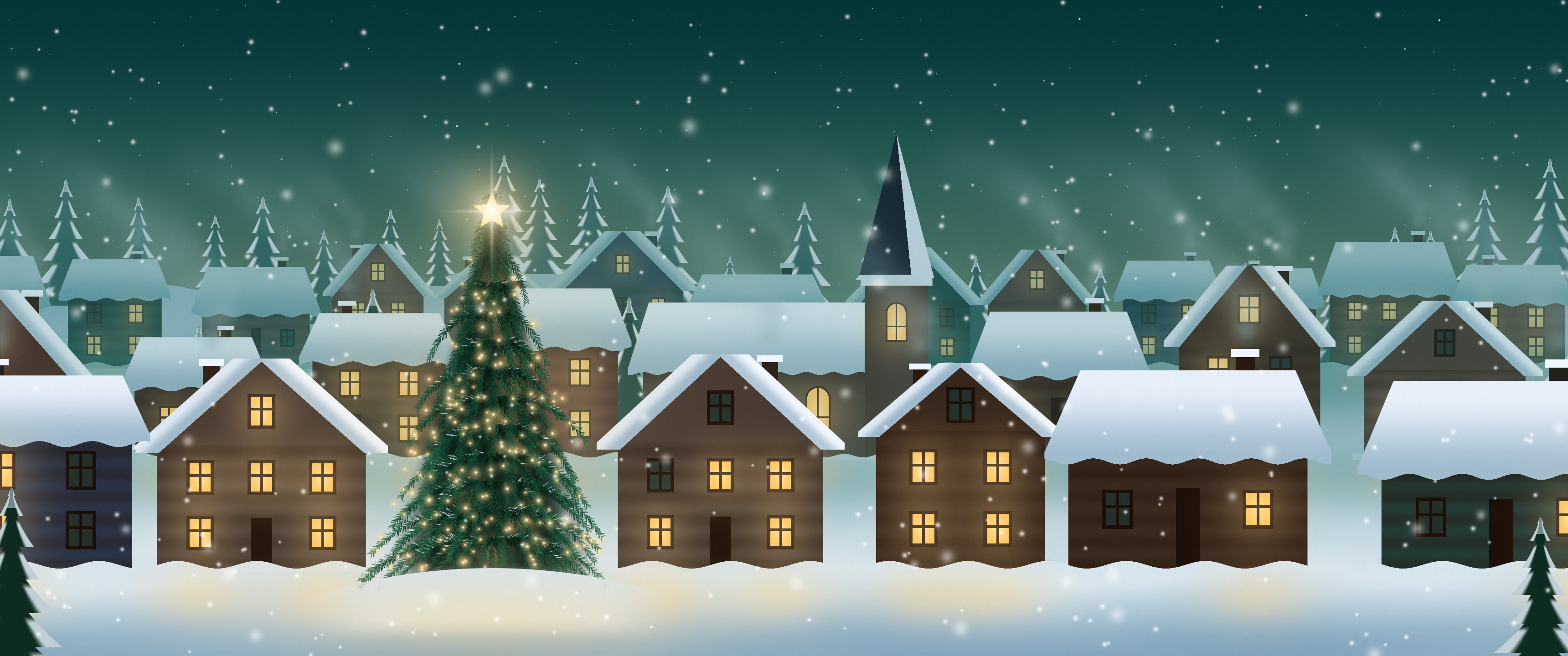 Teal Snowy Christmas Village ultrawide wallpaper, 3440 × 1440