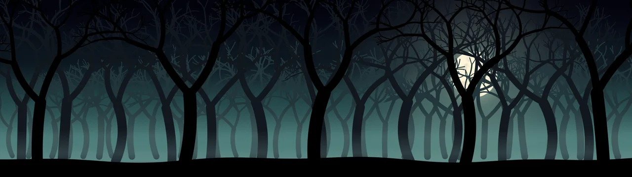 Teal Spooky Forest dual monitor wallpaper, 7680 × 2160