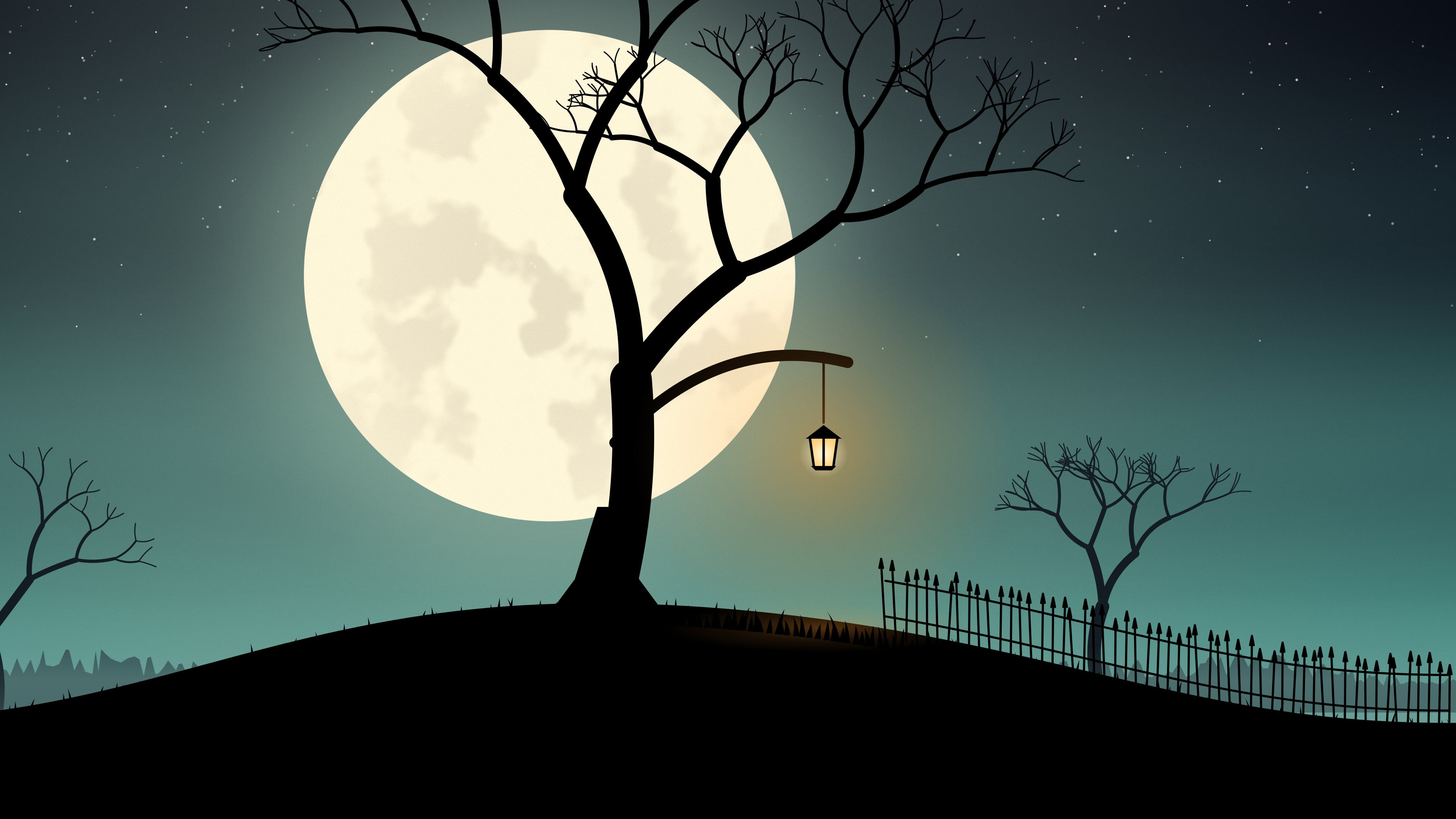 Teal Spooky Tree and Moon desktop wallpaper in 4K