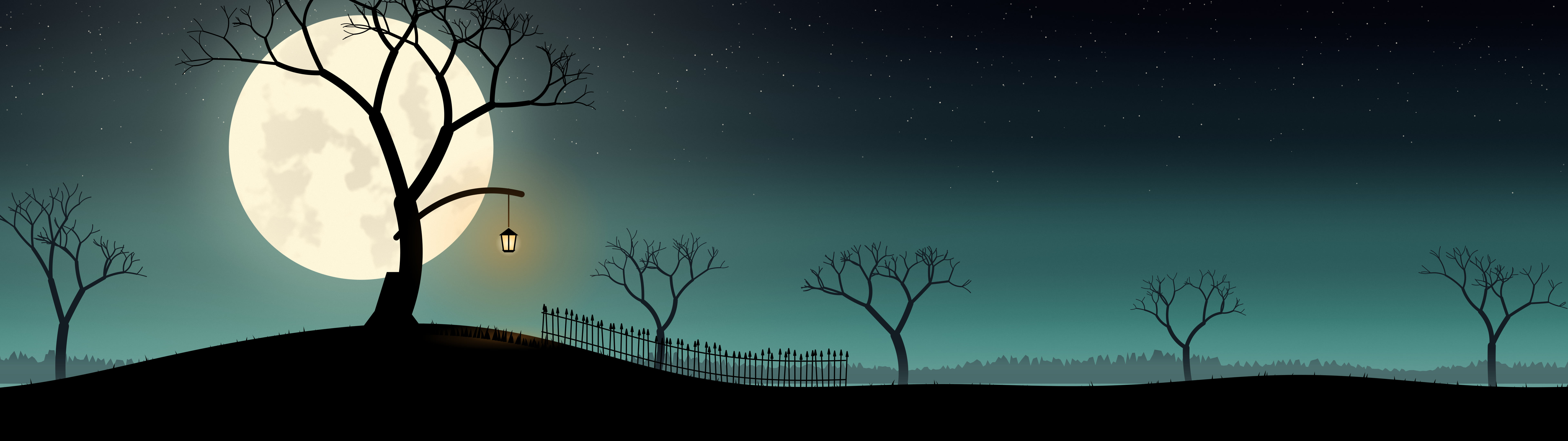 Teal Spooky Tree and Moon dual monitor wallpaper, 7680 × 2160