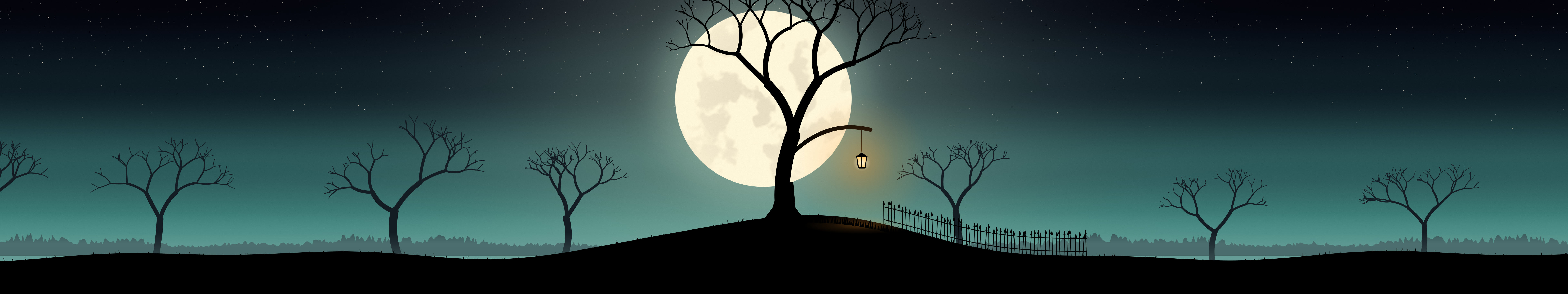 Teal Spooky Tree and Moon triple monitor wallpaper, 7680 × 1440
