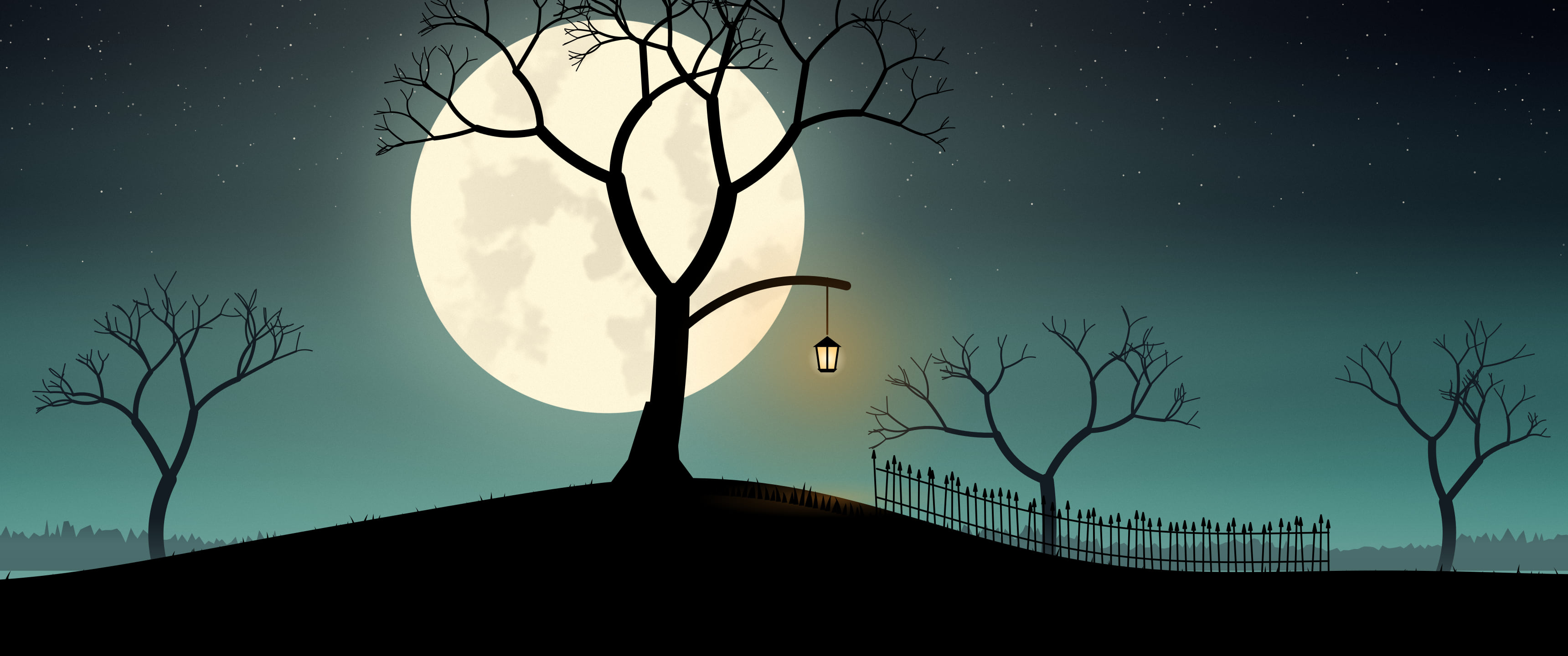 Teal Spooky Tree and Moon ultrawide wallpaper, 3440 × 1440