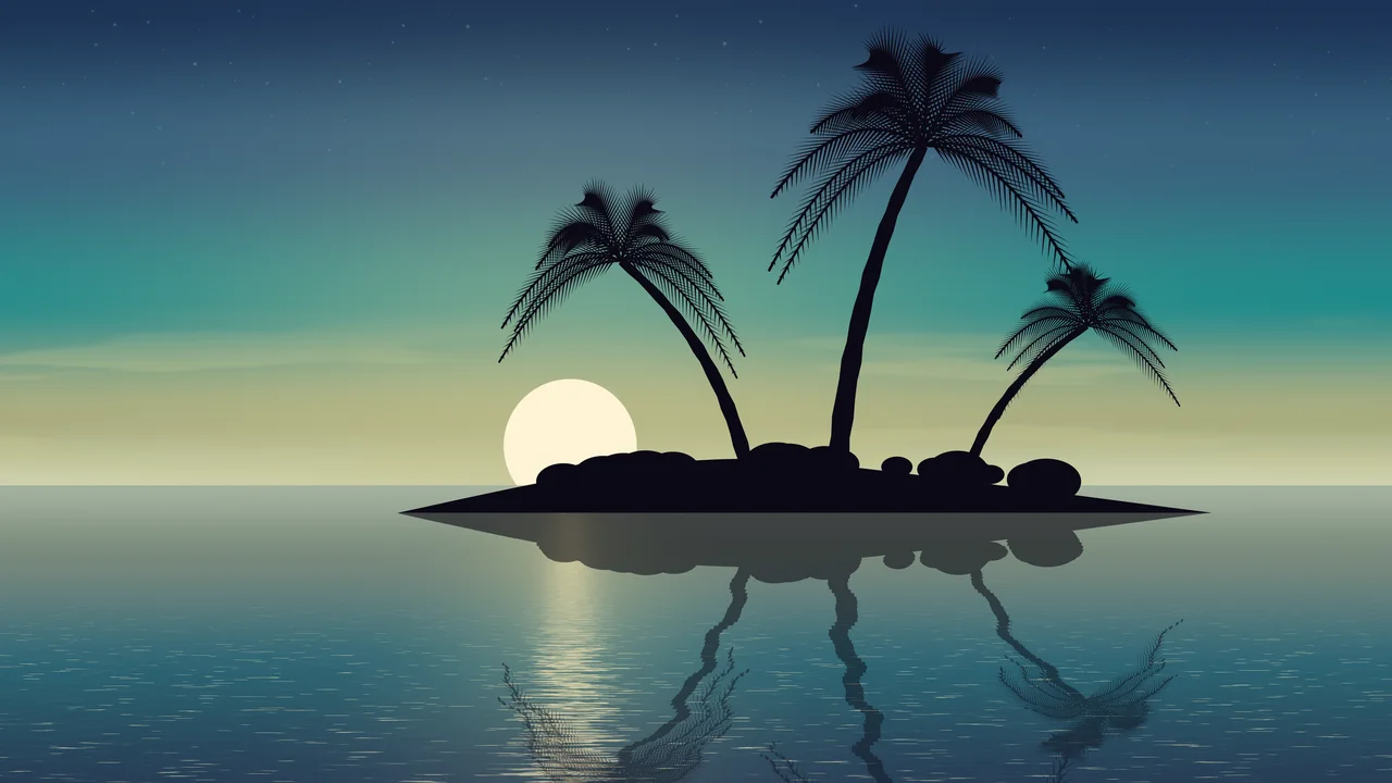 Teal Tropical Island Sunset desktop wallpaper in 4K