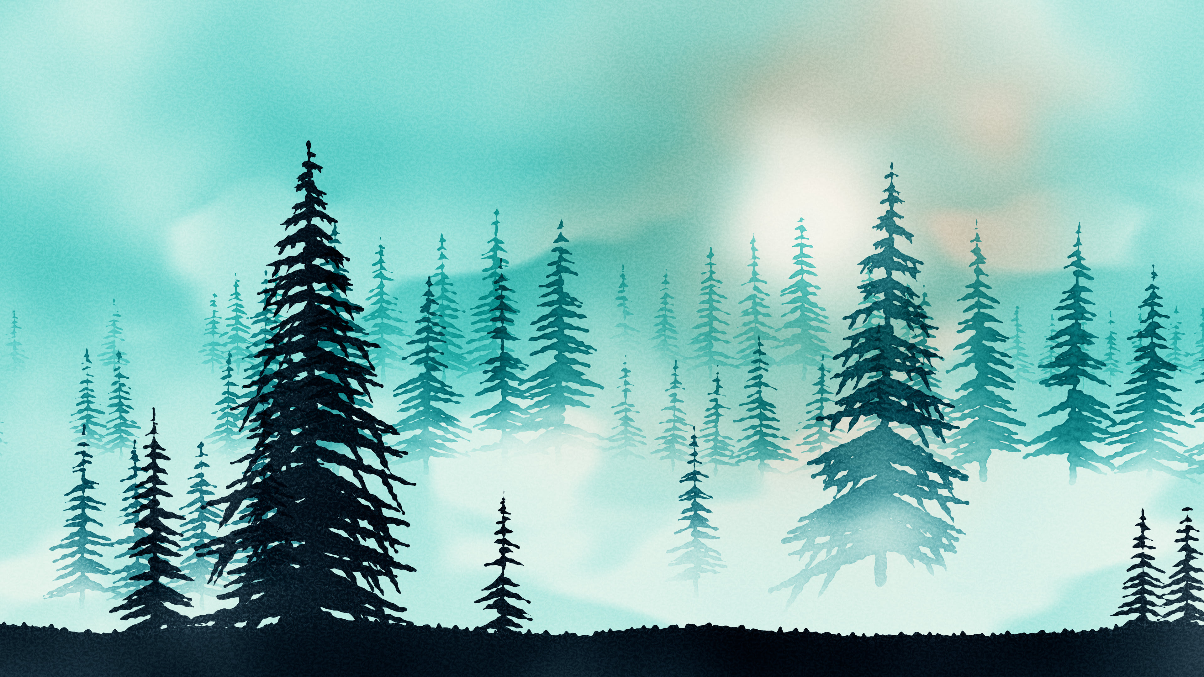 Teal Watercolor Misty Forest desktop wallpaper in 4K