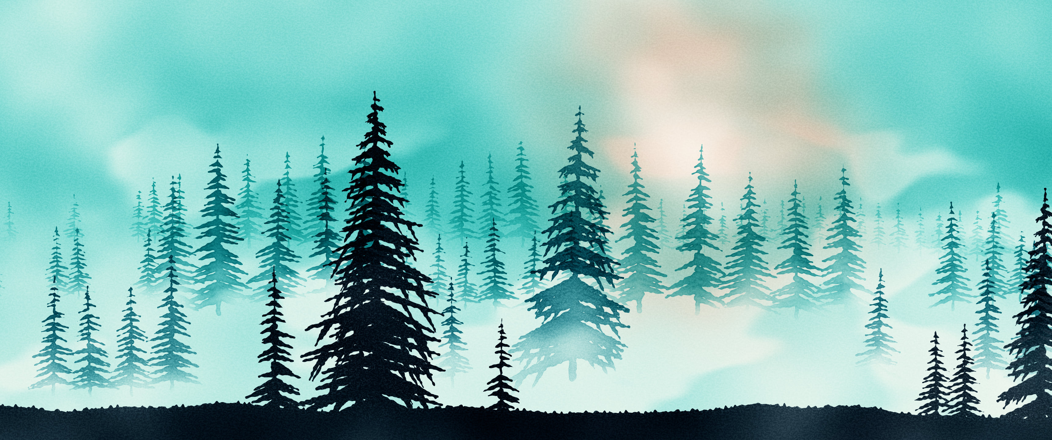 Teal Watercolor Misty Forest ultrawide wallpaper, 3440 × 1440