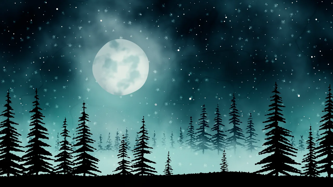 Teal Watercolor Moon and Pine Trees desktop wallpaper in 4K