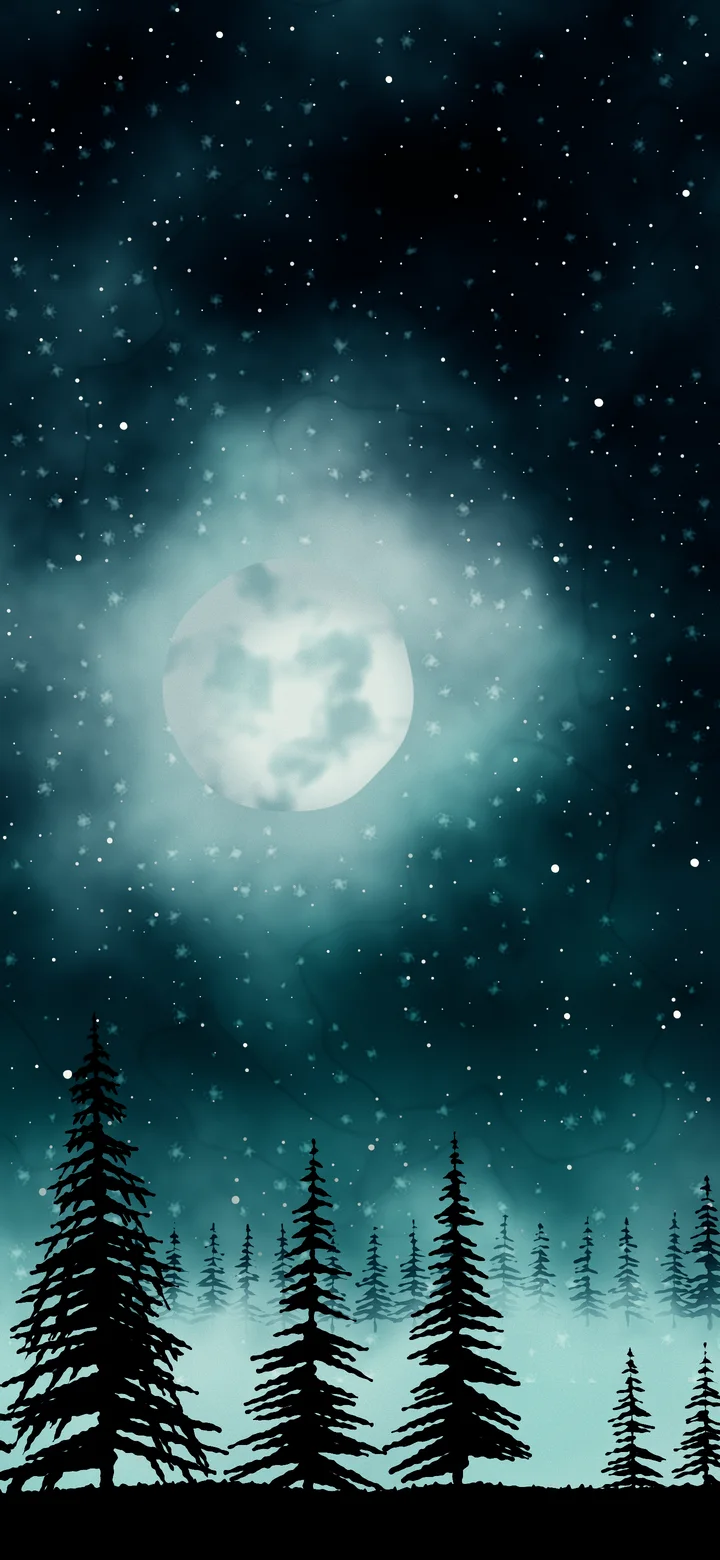 Teal Watercolor Moon and Pine Trees wallpaper for iPhone and Android