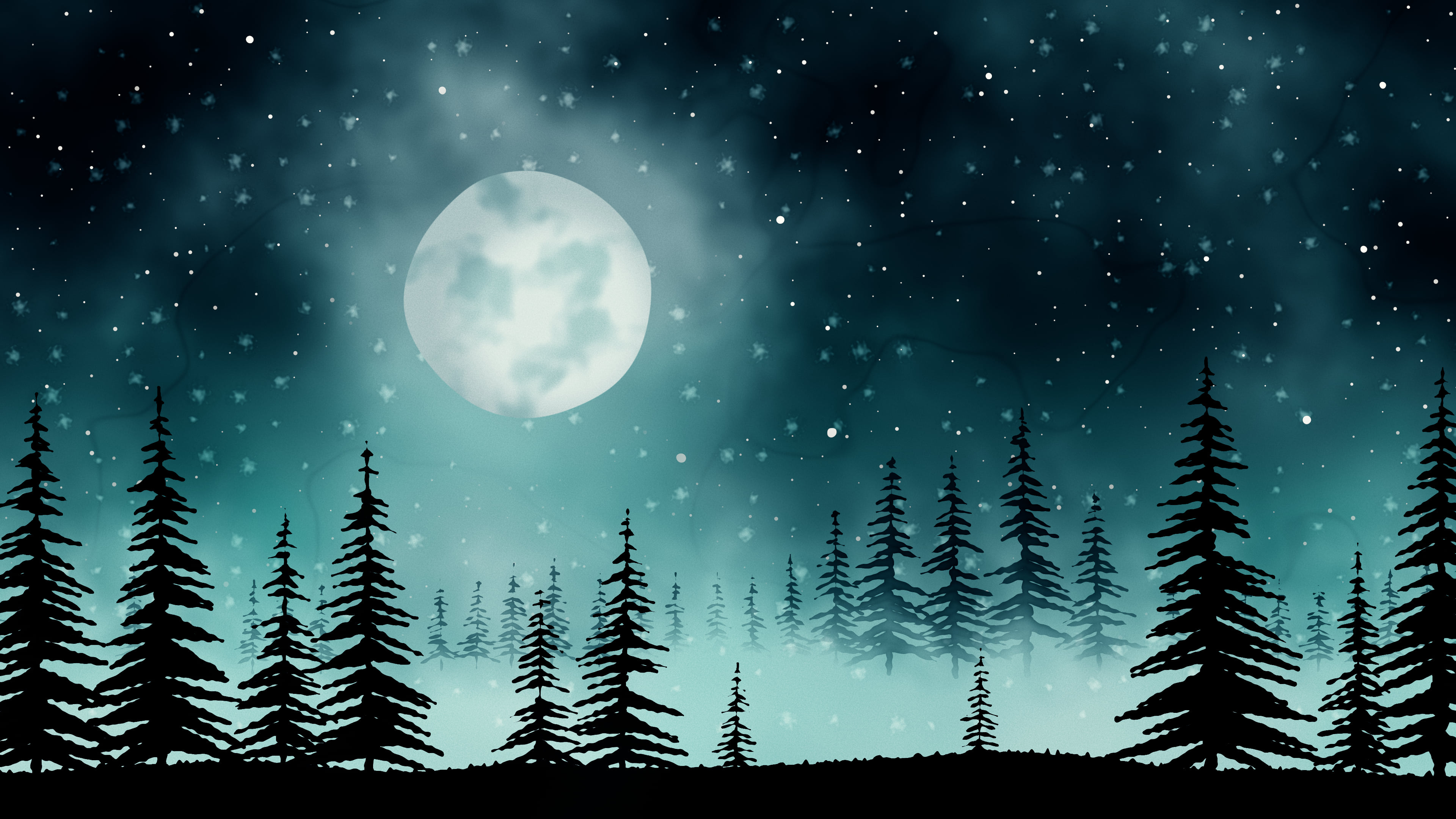 Teal Watercolor Moon and Pine Trees desktop wallpaper in 4K