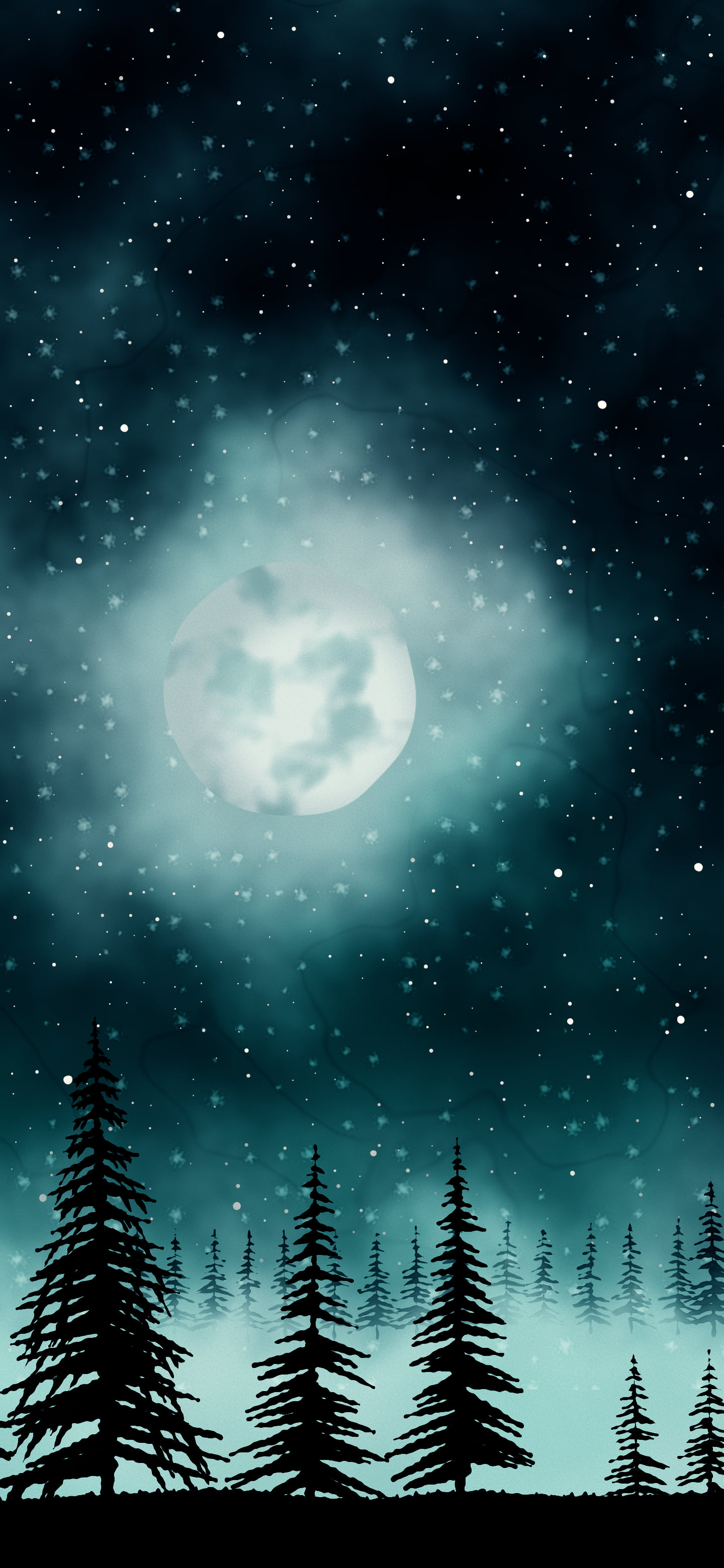Teal Watercolor Moon and Pine Trees wallpaper for iPhone and Android