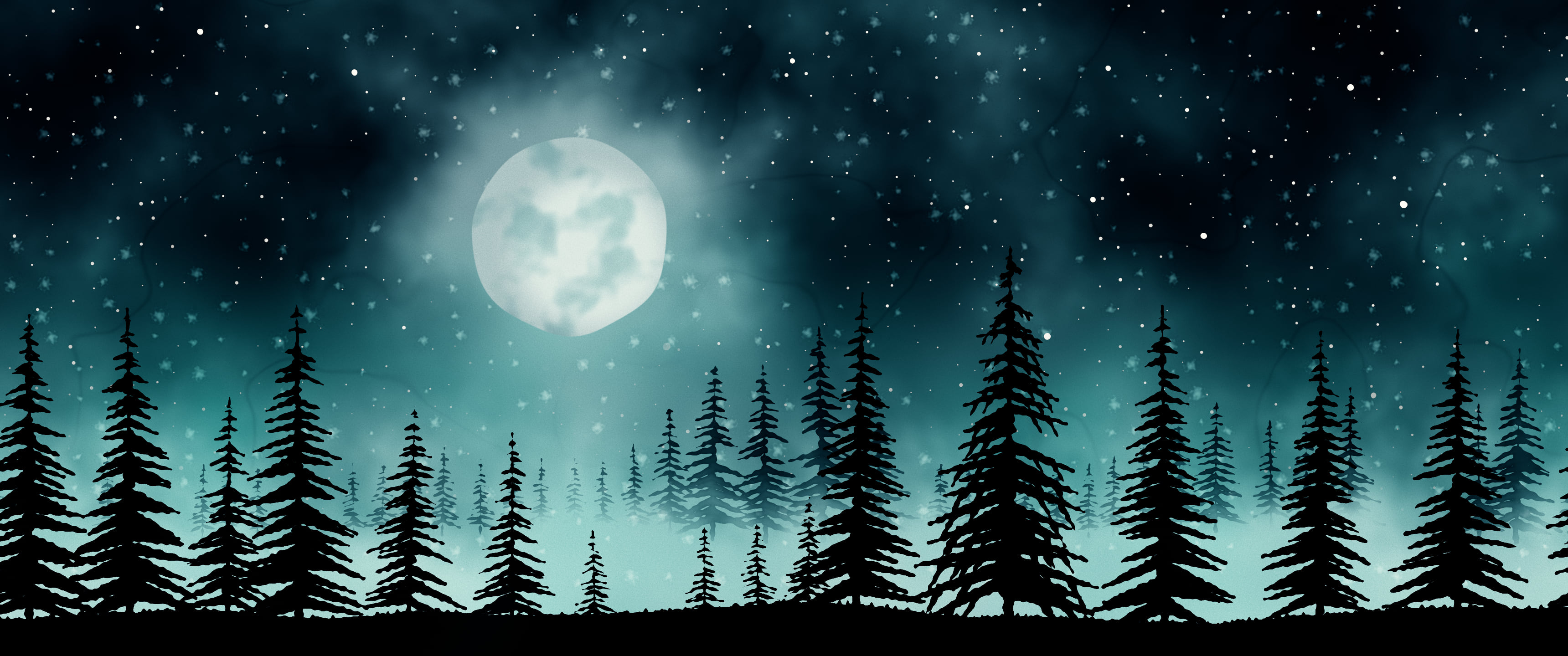 Teal Watercolor Moon and Pine Trees ultrawide wallpaper, 3440 × 1440