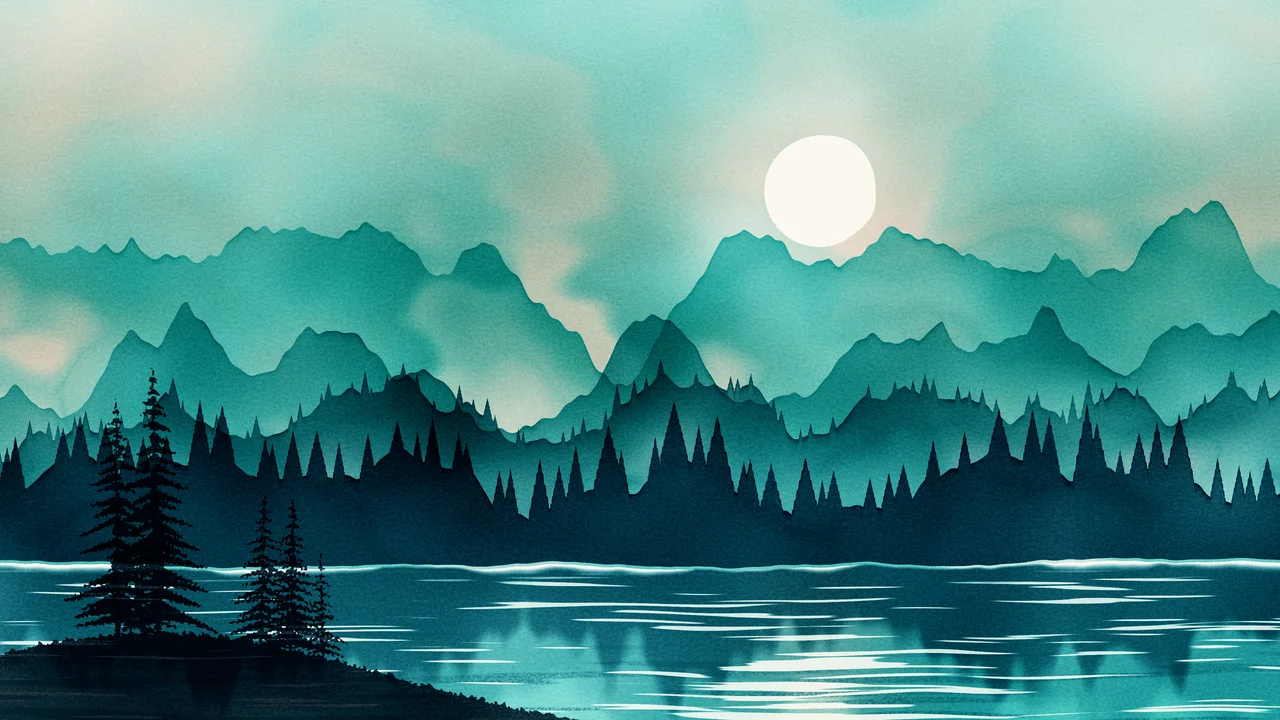 Teal Watercolor Mountain Landscape desktop wallpaper in 4K
