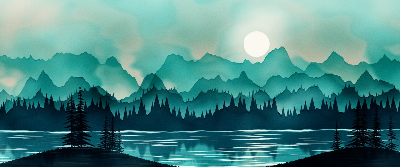 Teal Watercolor Mountain Landscape ultrawide wallpaper, 3440 × 1440