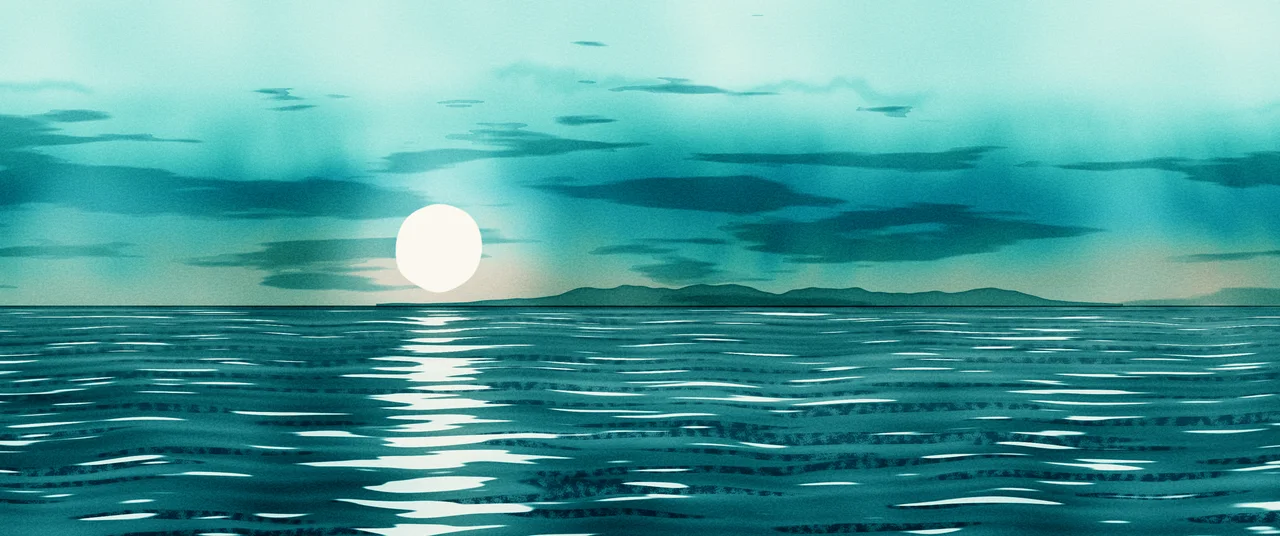 Teal Watercolor Ocean Sunset ultrawide wallpaper, 3440 × 1440