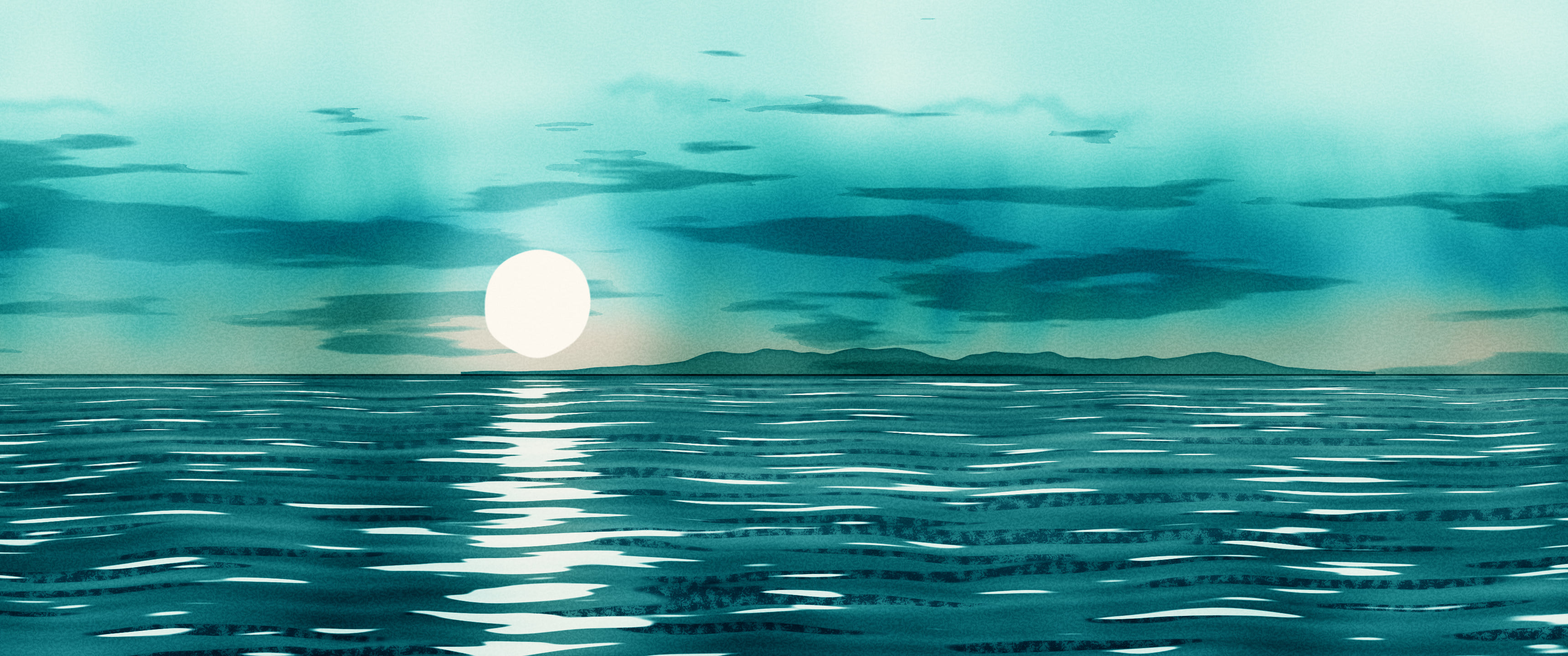 Teal Watercolor Ocean Sunset ultrawide wallpaper, 3440 × 1440