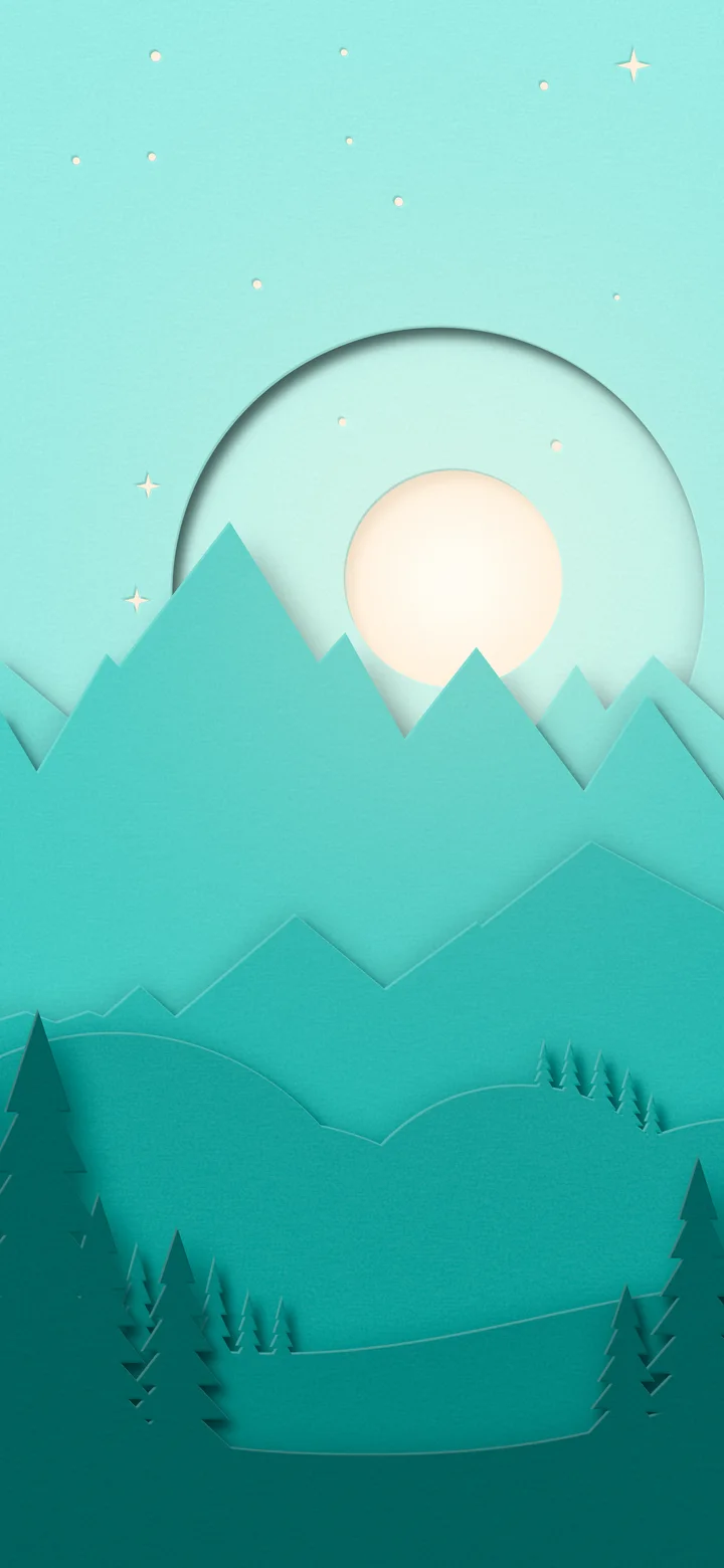 Turquoise 3D Paper Cut Mountains and Moon wallpaper for iPhone and Android