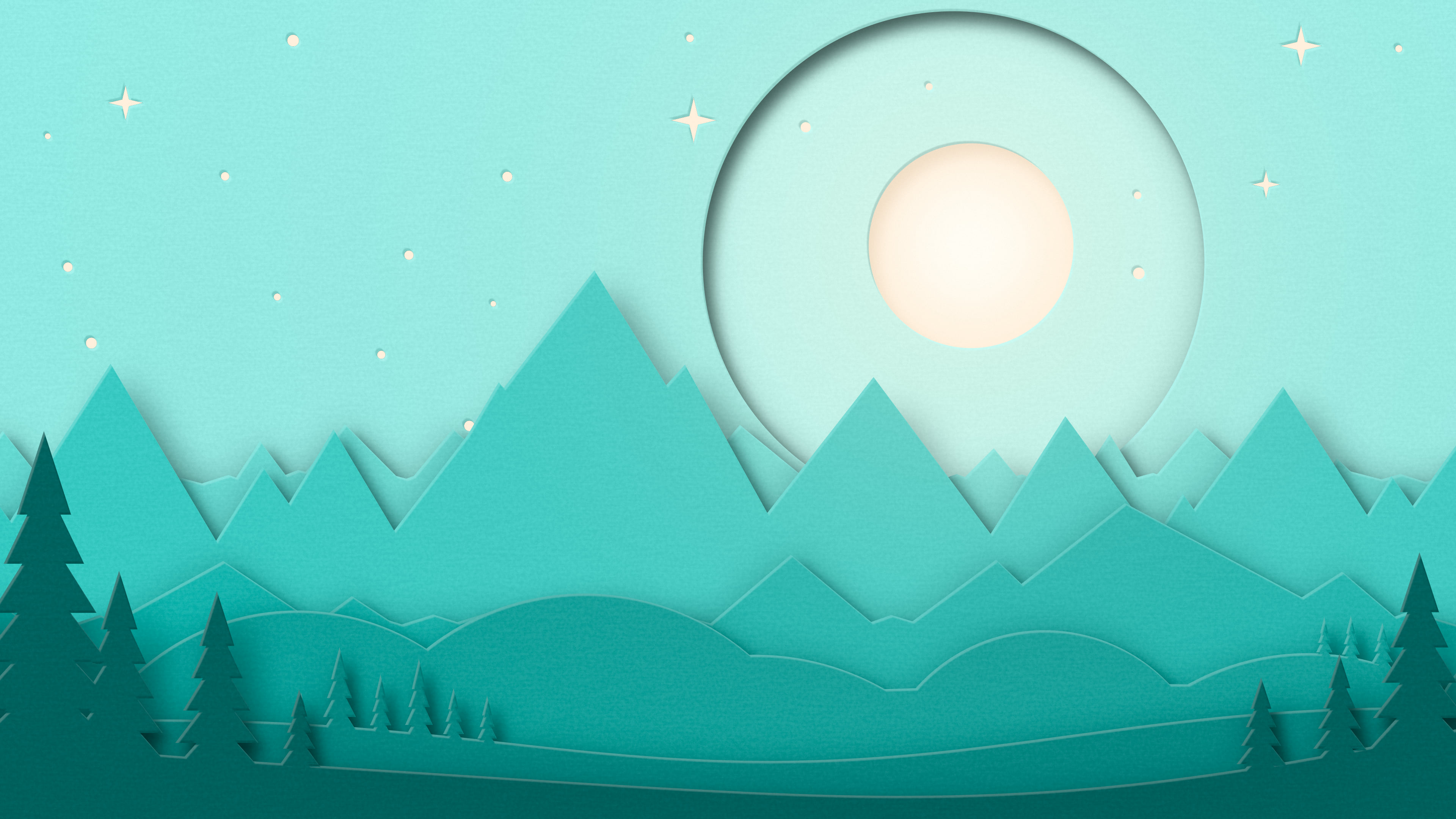 Turquoise 3D Paper Cut Mountains and Moon desktop wallpaper in 4K