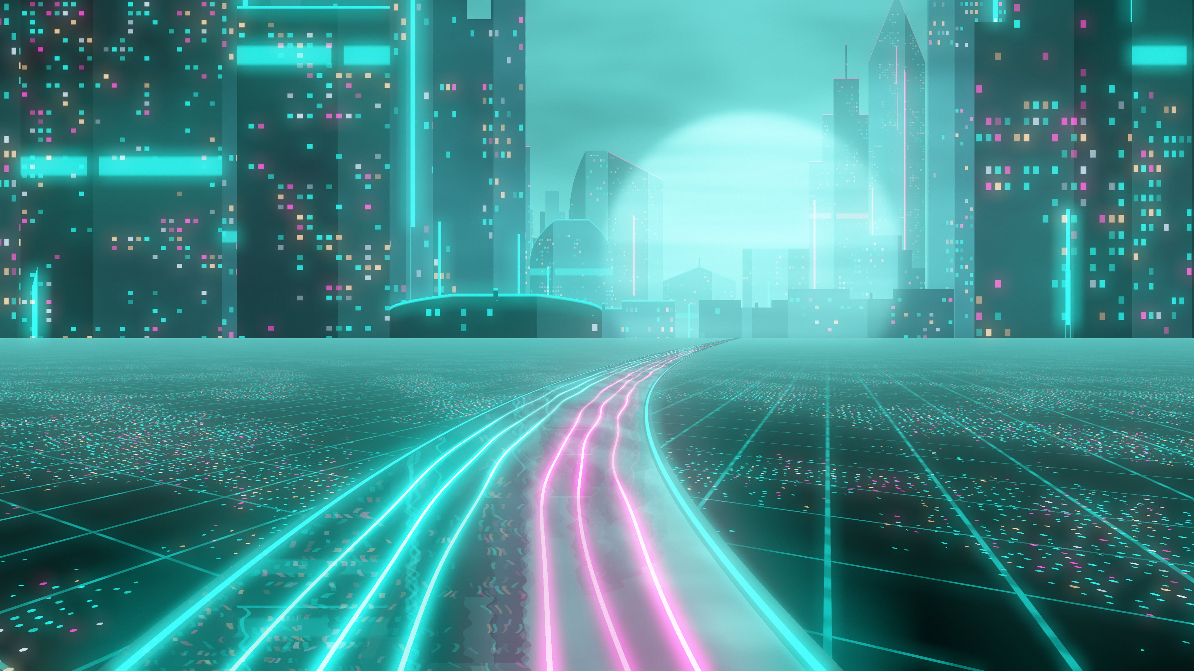 Turquoise Cyberpunk Highway desktop wallpaper in 4K
