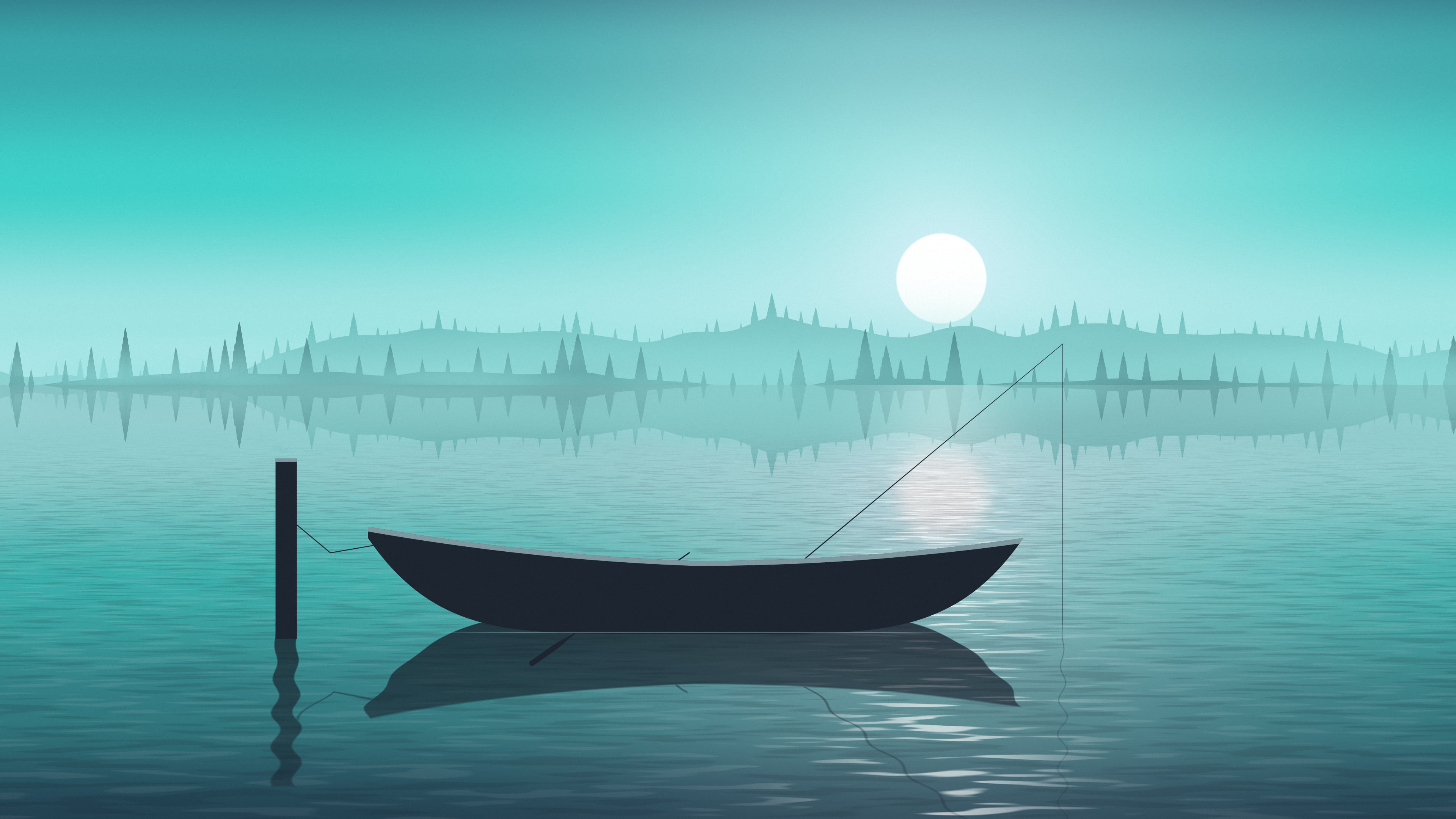 Turquoise Fishing Rowboat on a Misty Lake desktop wallpaper in 4K