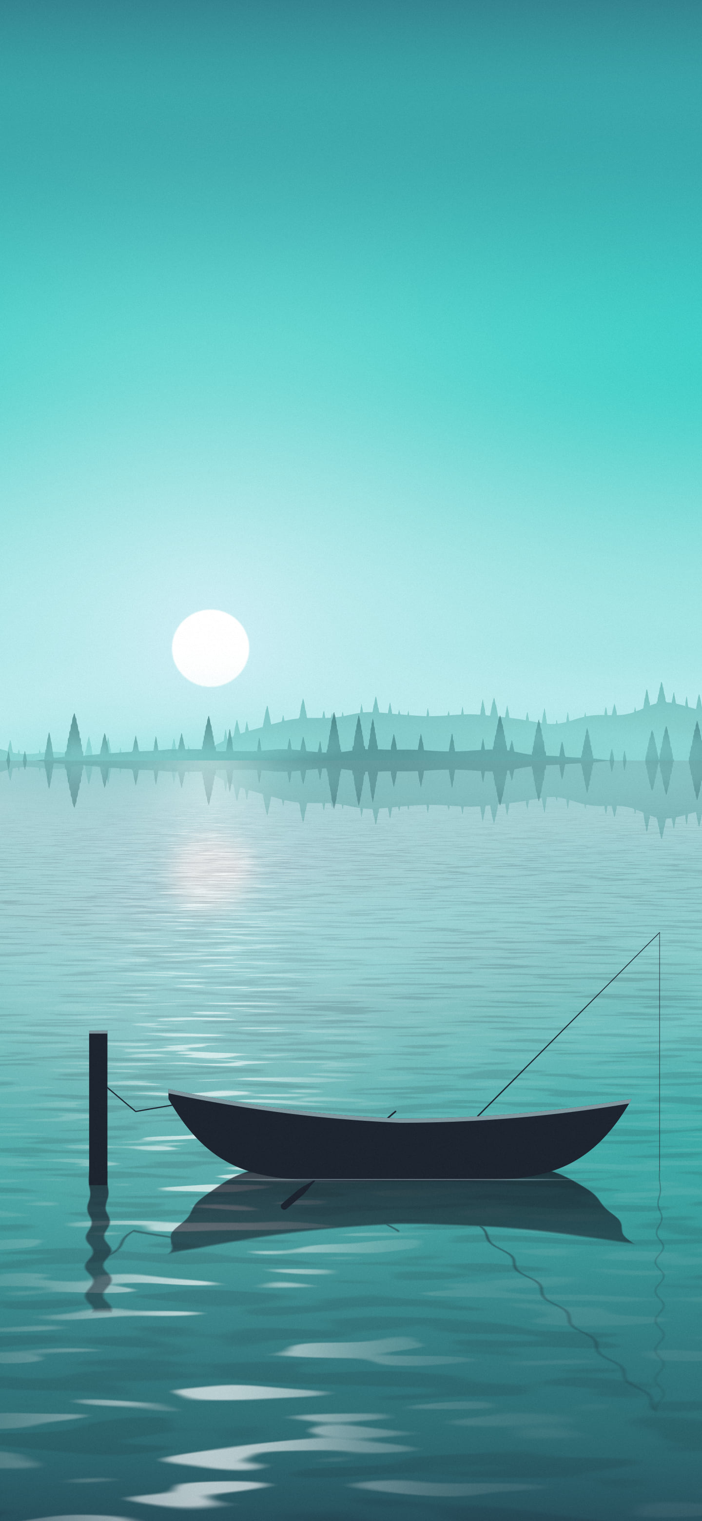 Turquoise Fishing Rowboat on a Misty Lake wallpaper for iPhone and Android