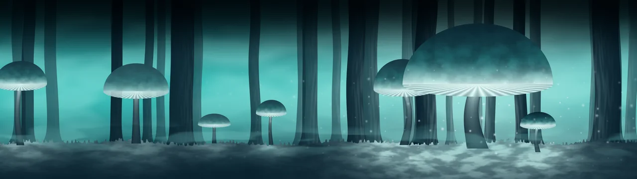 Turquoise Glowing Mushroom Forest dual monitor wallpaper, 7680 × 2160