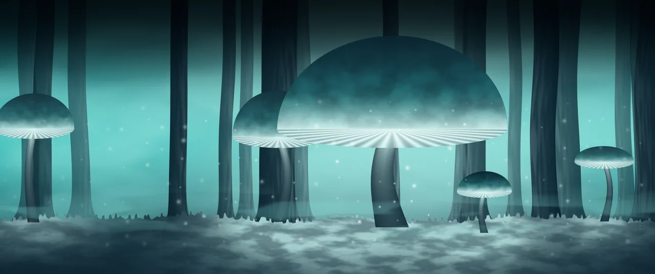 Turquoise Glowing Mushroom Forest ultrawide wallpaper, 3440 × 1440