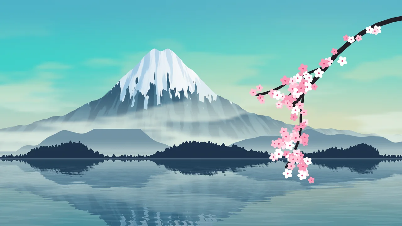 Turquoise Japanese Mountain and Cherry Blossom desktop wallpaper in 4K